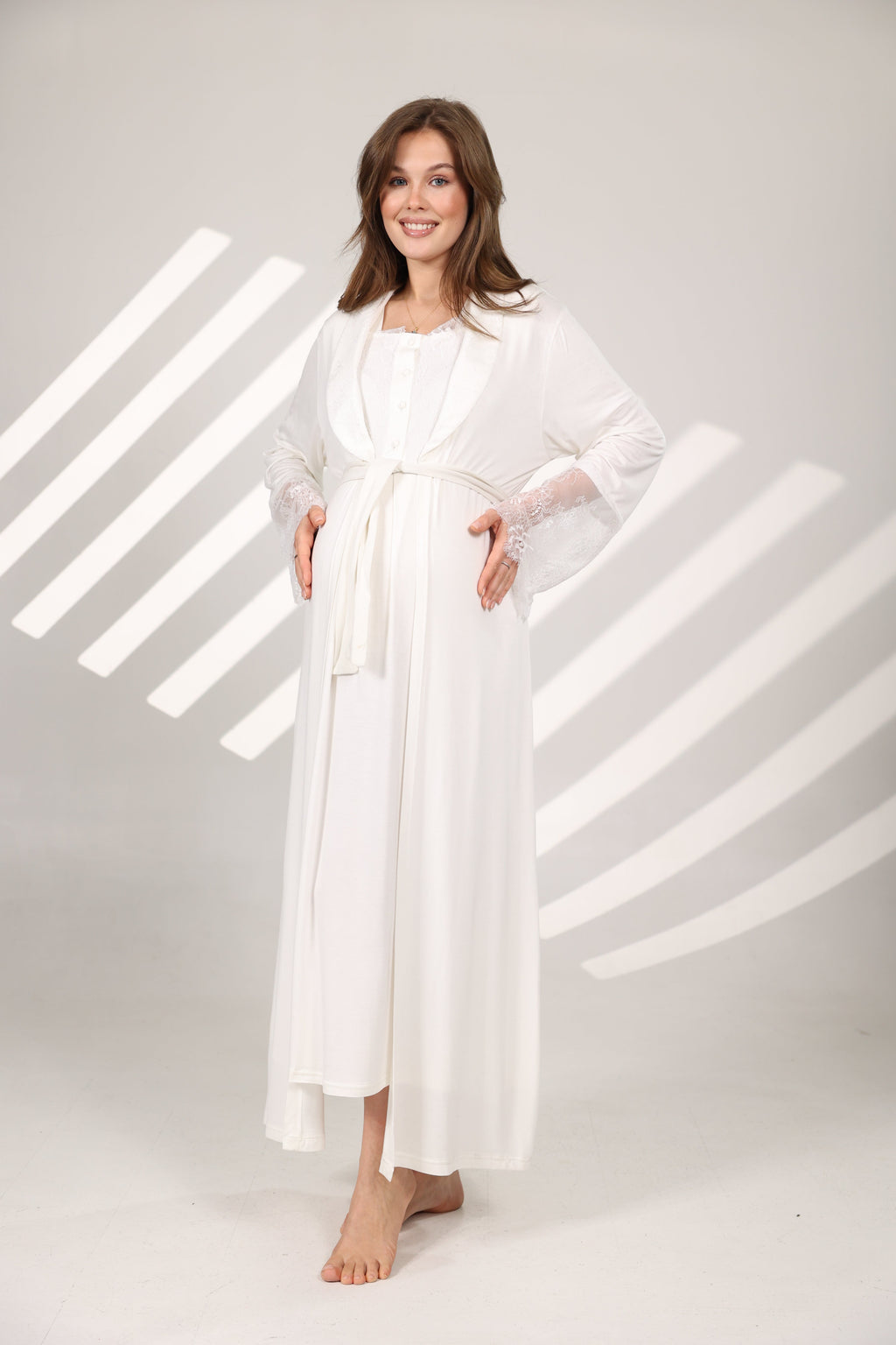 Dantel Yakalı Pamuklu Sabahlıklı Lohusa Gecelik Takımı - 576