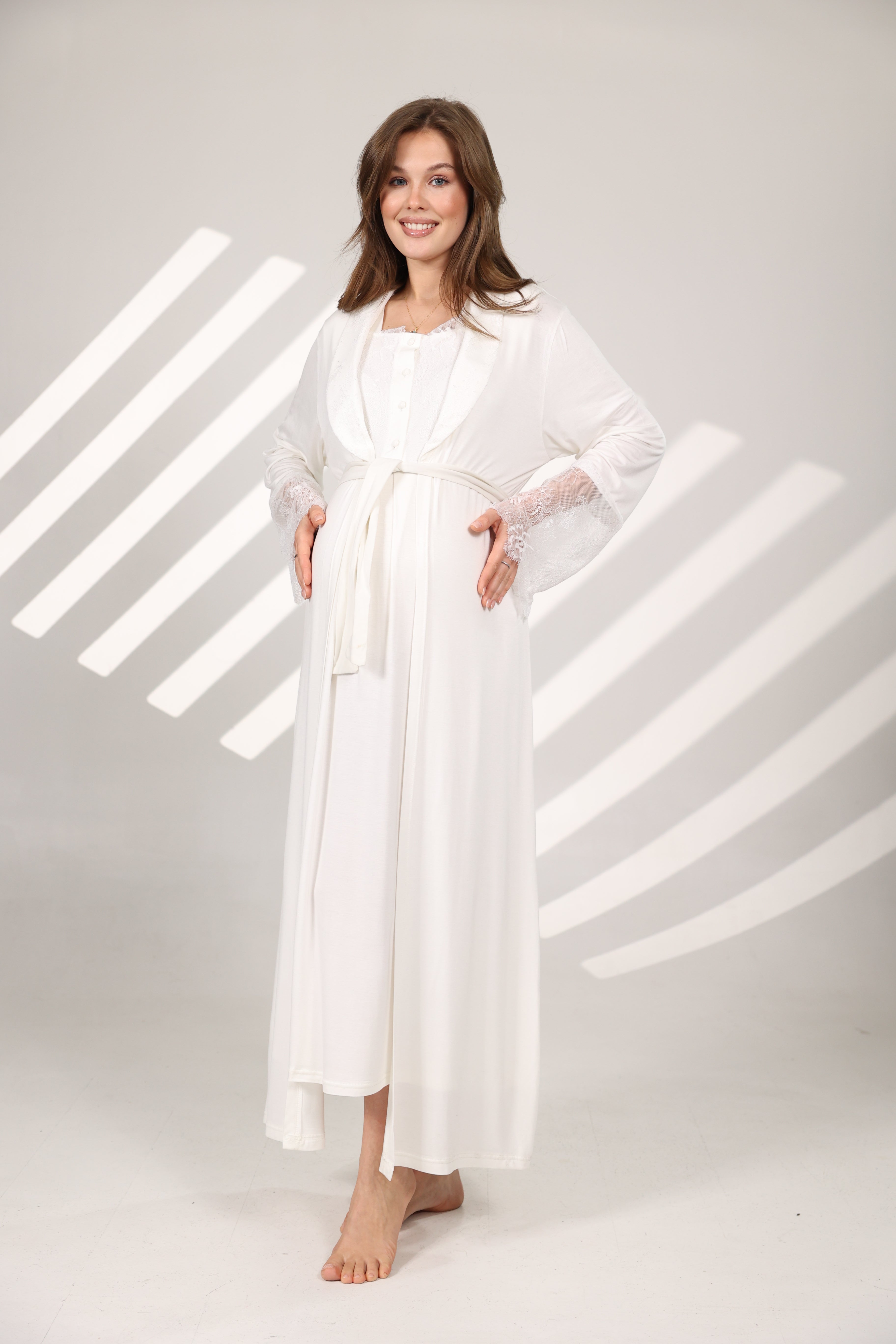 Dantel Yakalı Pamuklu Sabahlıklı Lohusa Gecelik Takımı - 576