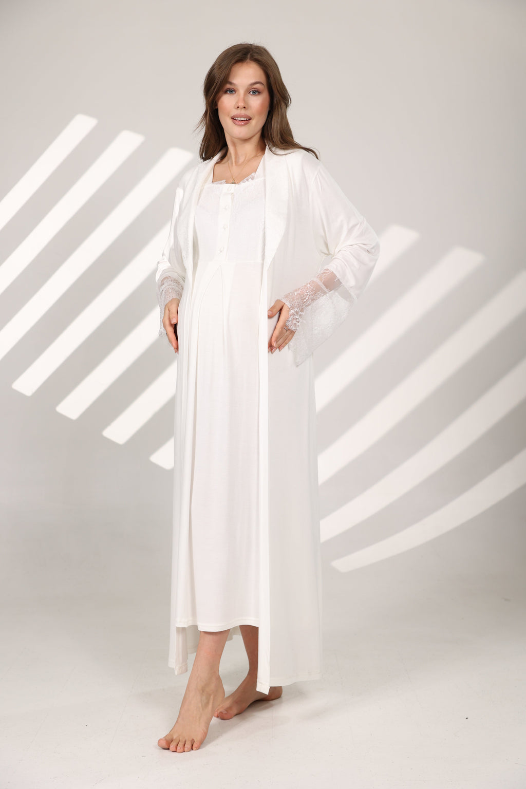 Dantel Yakalı Pamuklu Sabahlıklı Lohusa Gecelik Takımı - 576