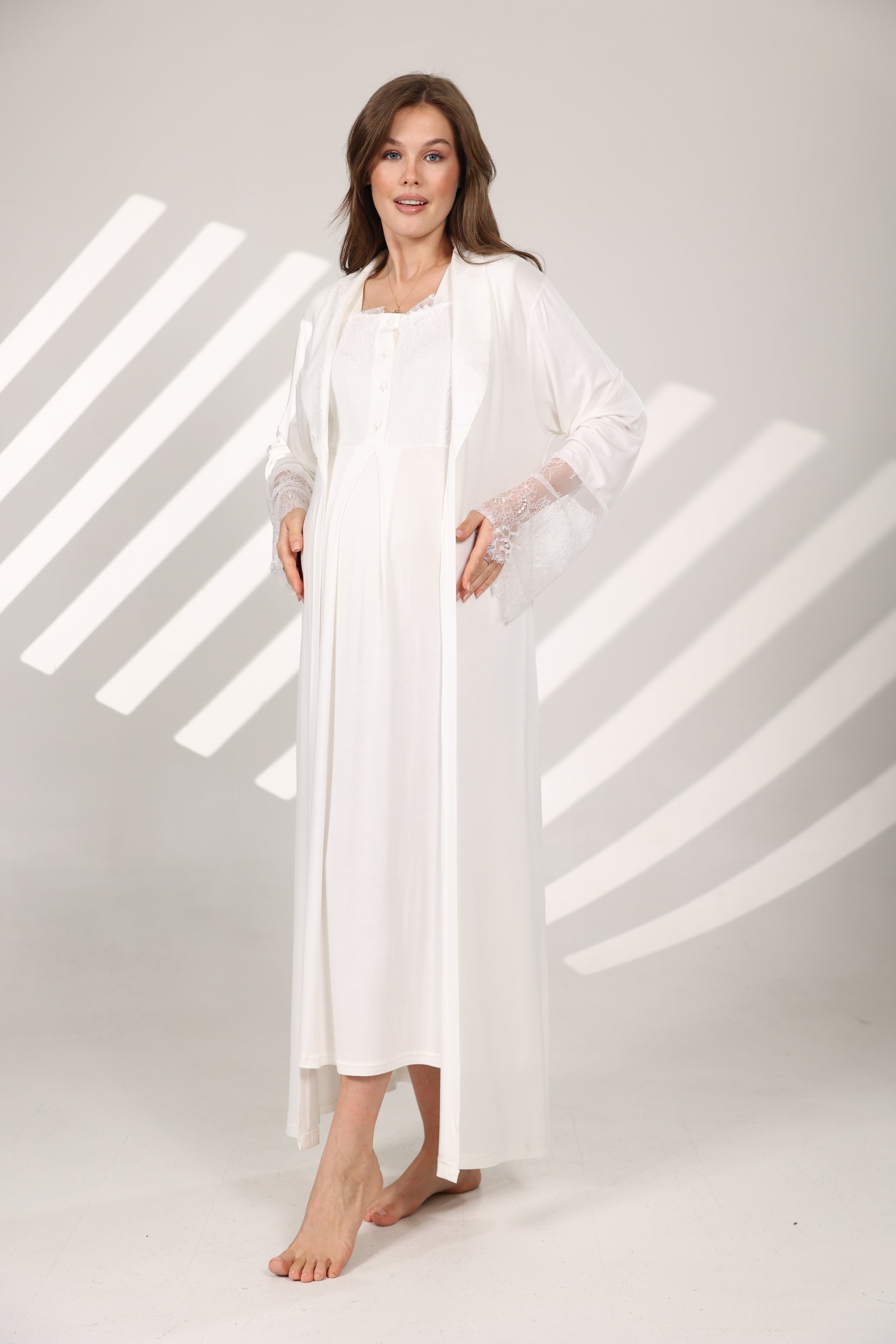 Dantel Yakalı Pamuklu Sabahlıklı Lohusa Gecelik Takımı - 576