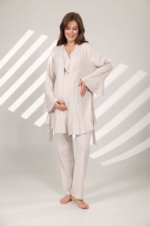 Bej Melanj Yumuşak Dokulu Sabahlıklı Kruvaze Lohusa Pijama Takımı 573