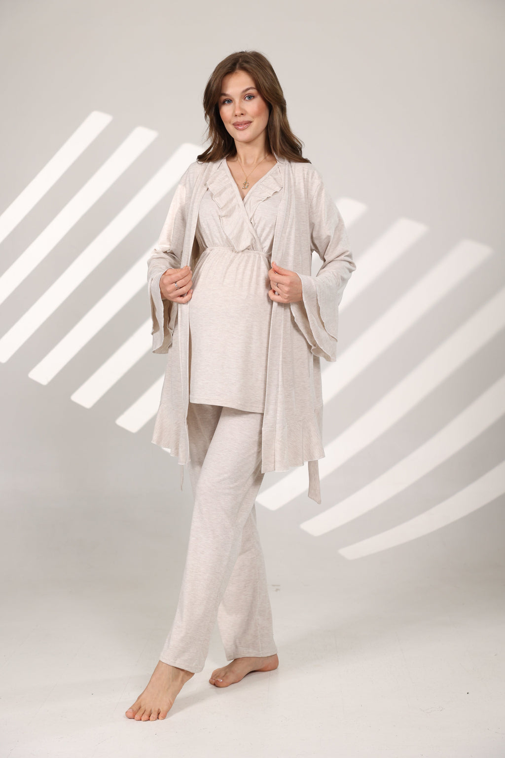 Bej Melanj Yumuşak Dokulu Sabahlıklı Kruvaze Lohusa Pijama Takımı 573