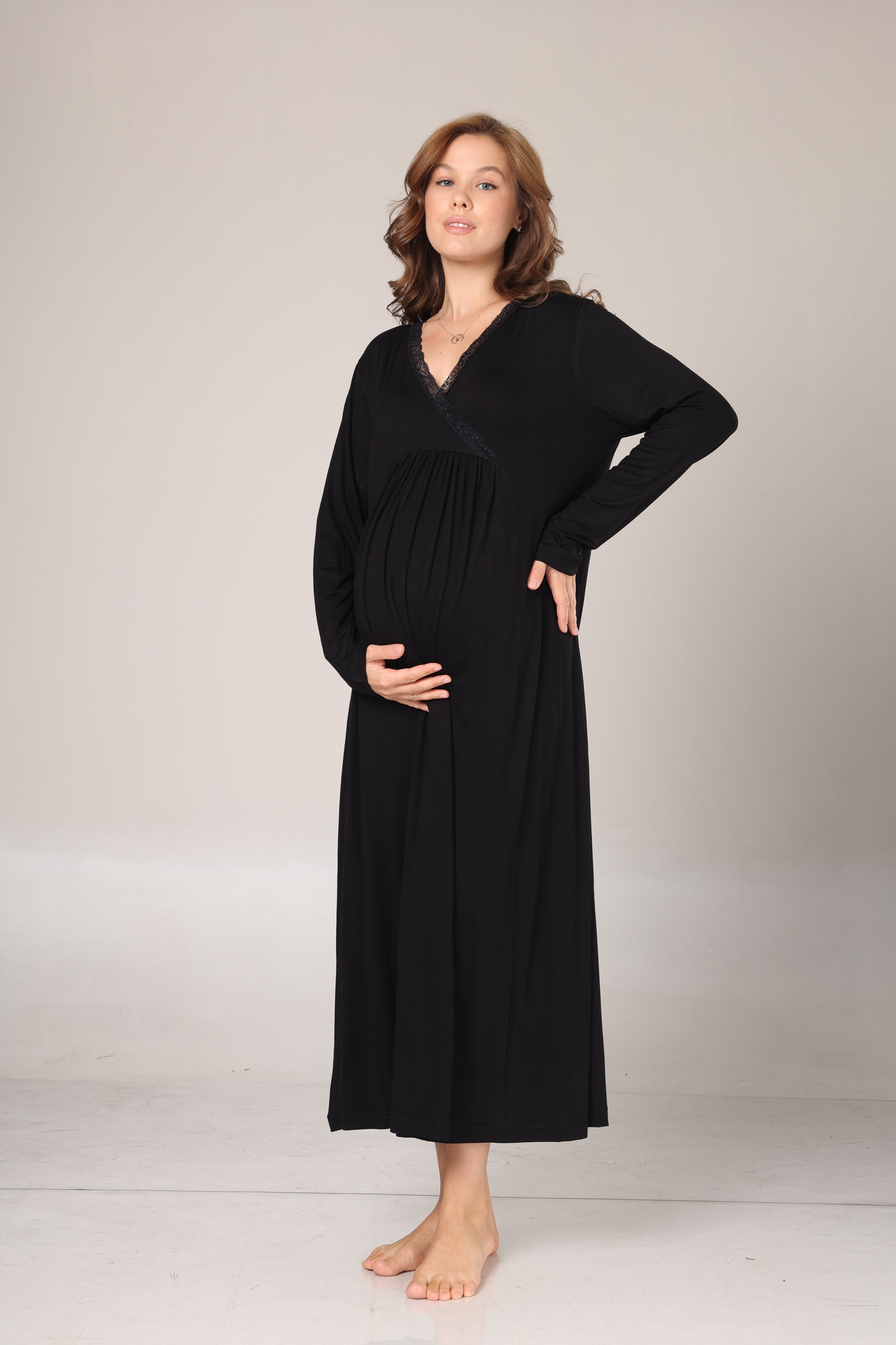 Kışlık Siyah Fitilli Dantel Detaylı Sabahlıklı Lohusa Gecelik Takımı -1006