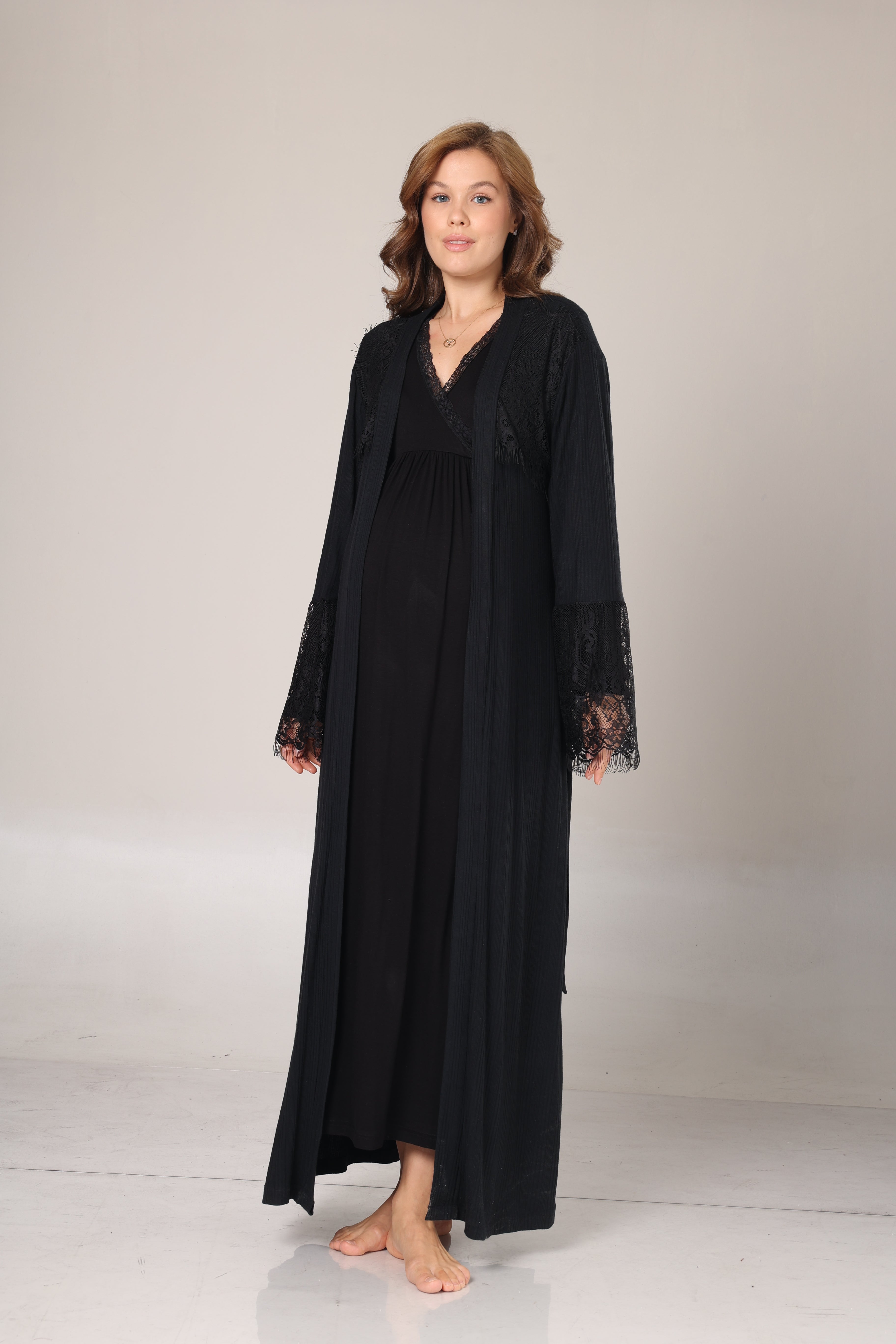 Kışlık Siyah Fitilli Dantel Detaylı Sabahlıklı Lohusa Gecelik Takımı -1006