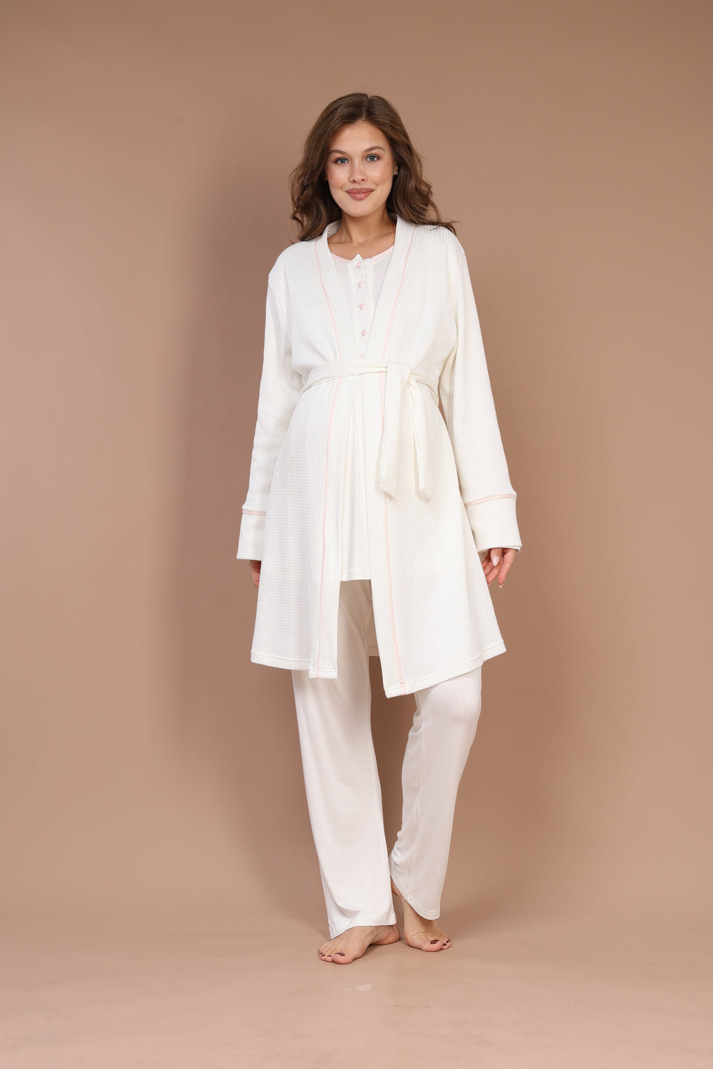 Örgü Sabahlıklı Pembe Biyeli Sabahlıklı Lohusa Pijama Takımı