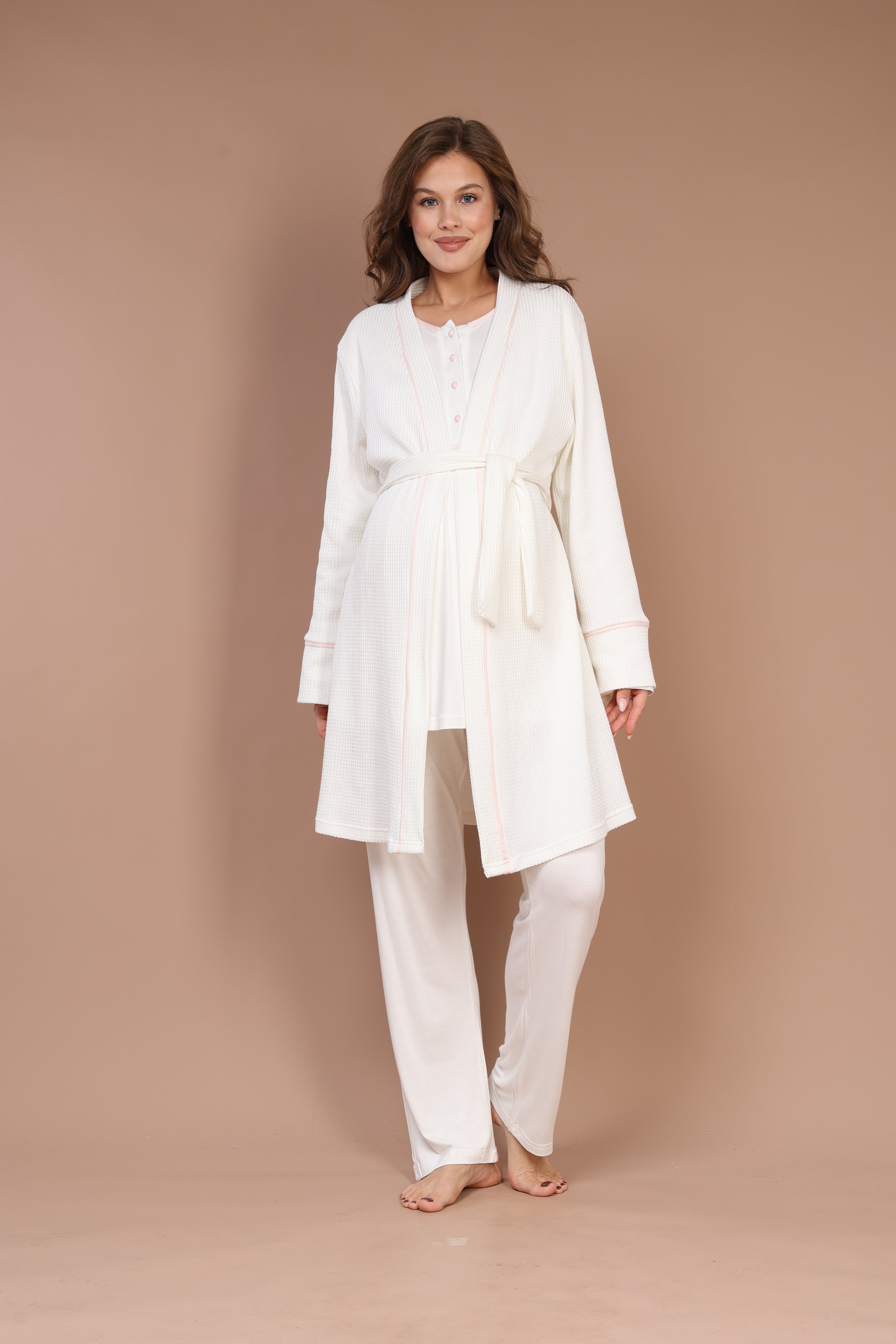 Örgü Sabahlıklı Pembe Biyeli Sabahlıklı Lohusa Pijama Takımı