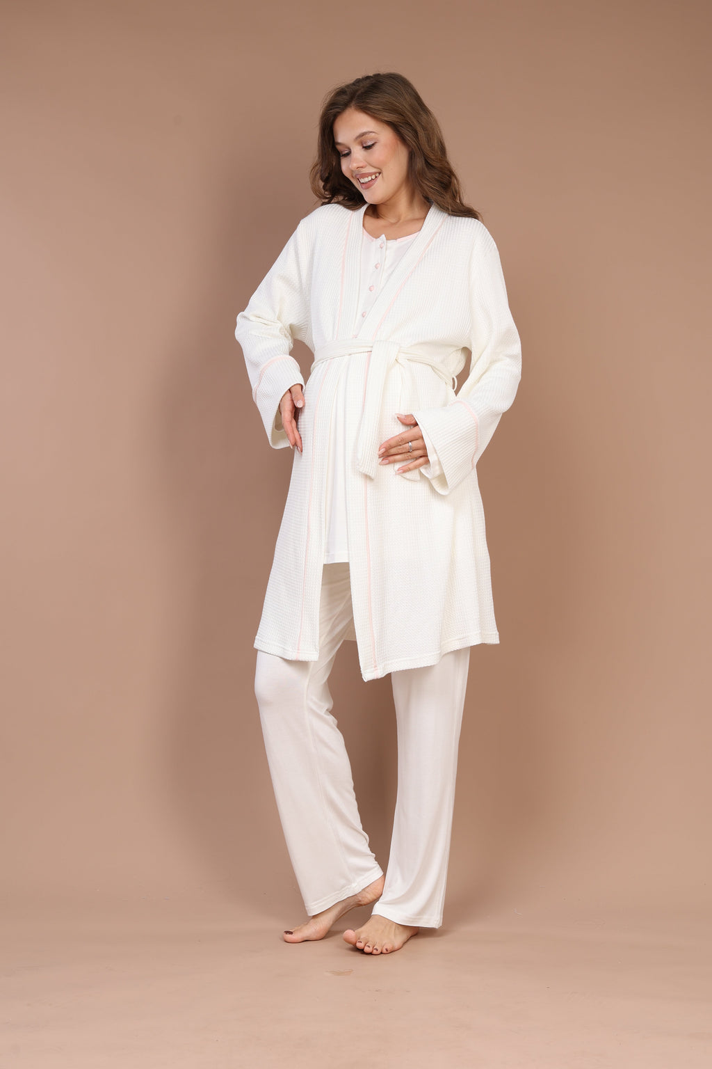 Örgü Sabahlıklı Pembe Biyeli Sabahlıklı Lohusa Pijama Takımı