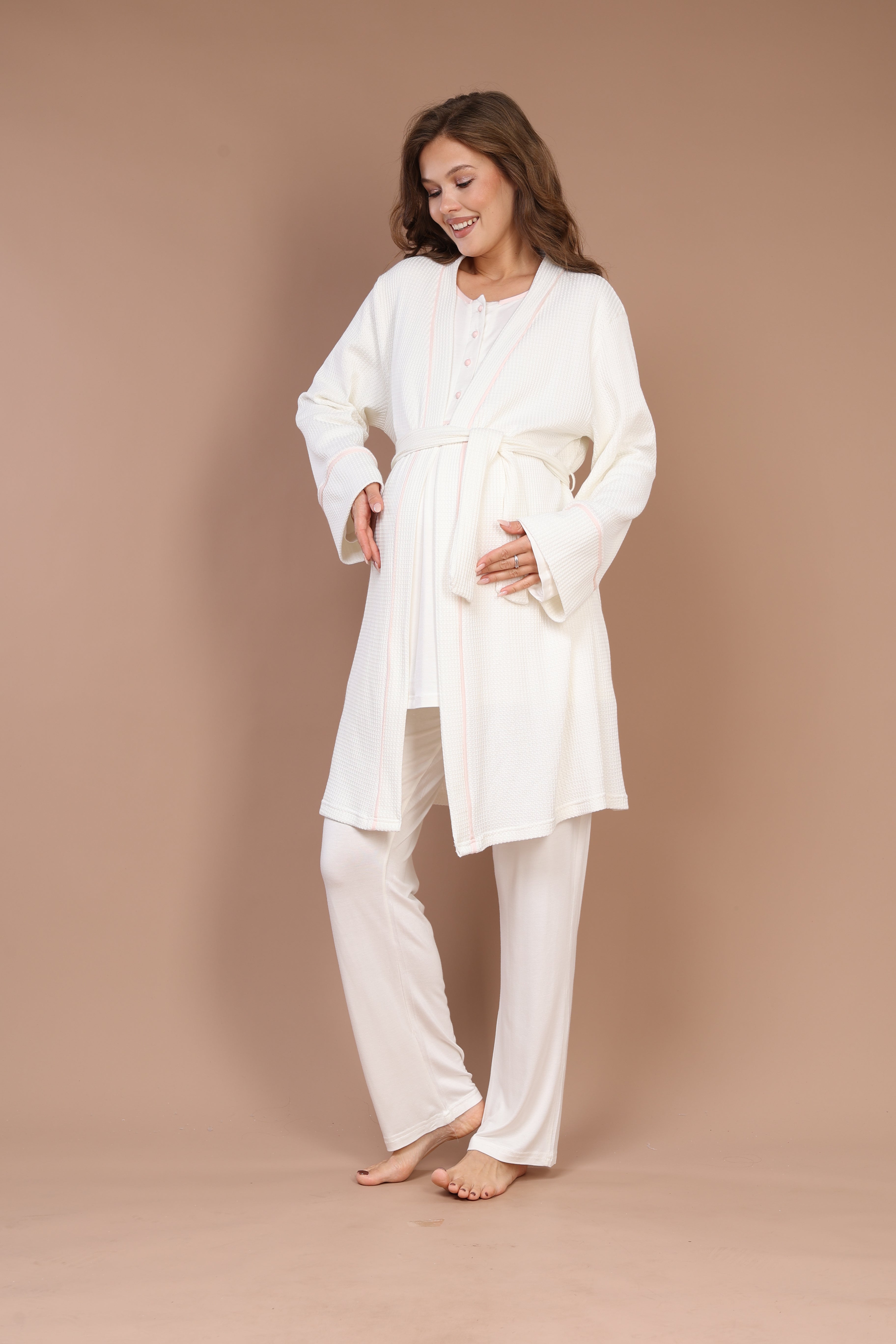 Örgü Sabahlıklı Pembe Biyeli Sabahlıklı Lohusa Pijama Takımı