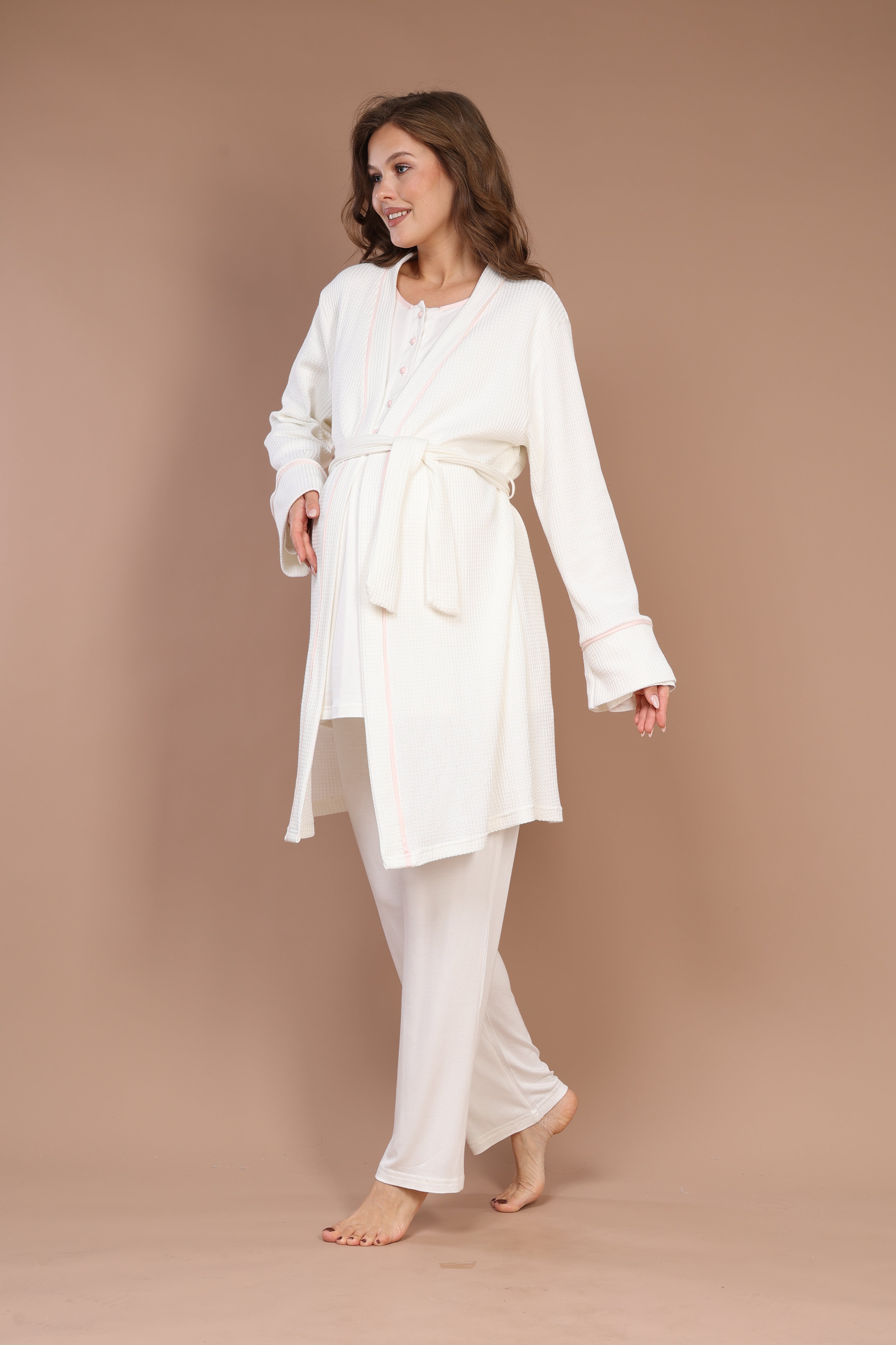 Örgü Sabahlıklı Pembe Biyeli Sabahlıklı Lohusa Pijama Takımı