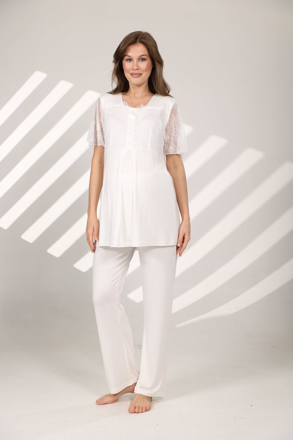 Dantel Detaylı Yakalı Sabahlıklı Lohusa Pijama Takımı 577