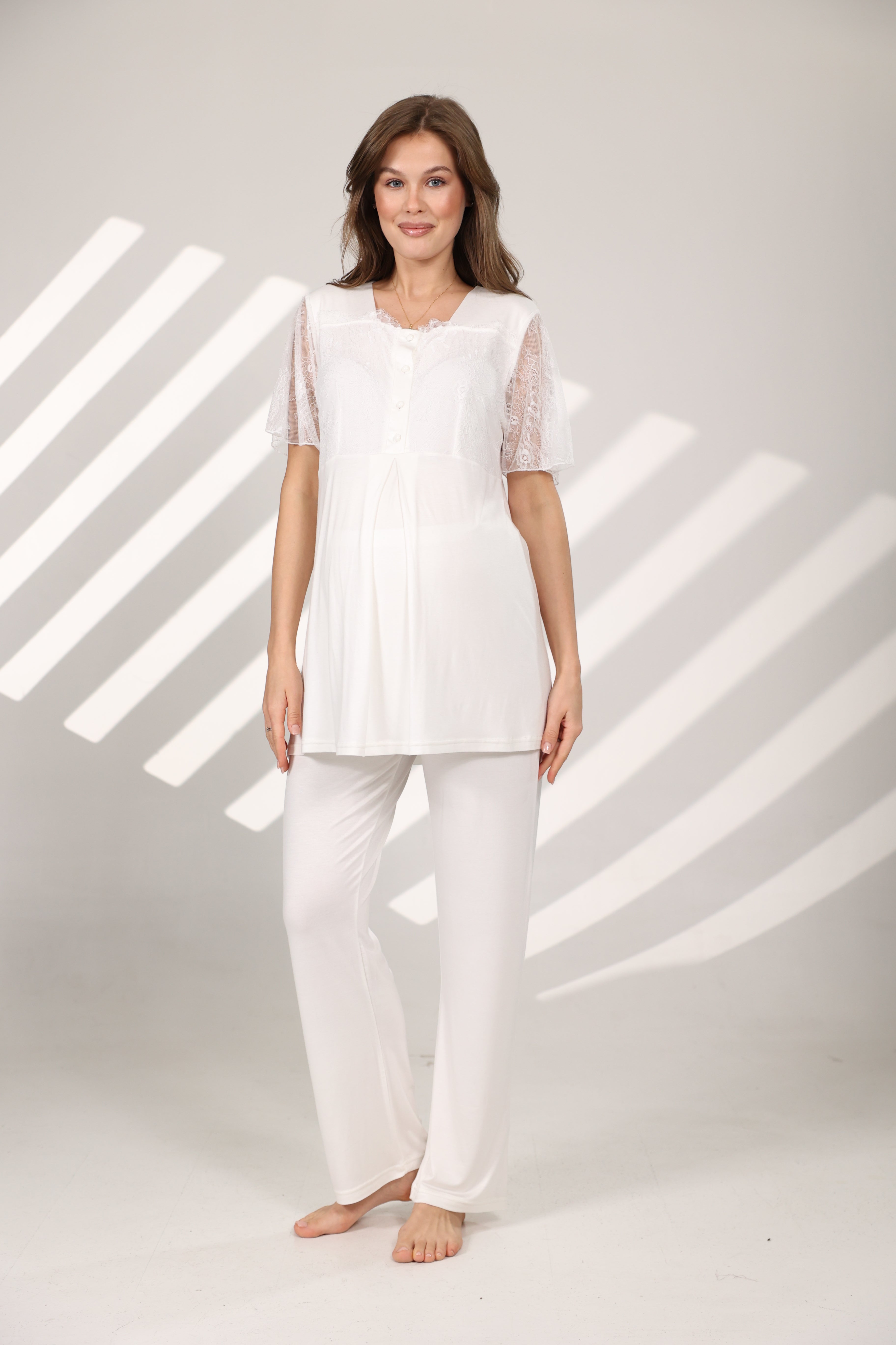 Dantel Detaylı Yakalı Sabahlıklı Lohusa Pijama Takımı 577