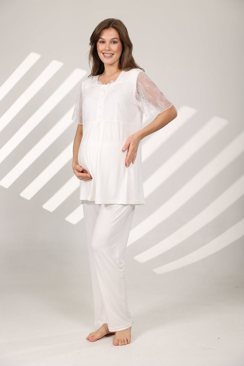 Dantel Detaylı Yakalı Sabahlıklı Lohusa Pijama Takımı 577