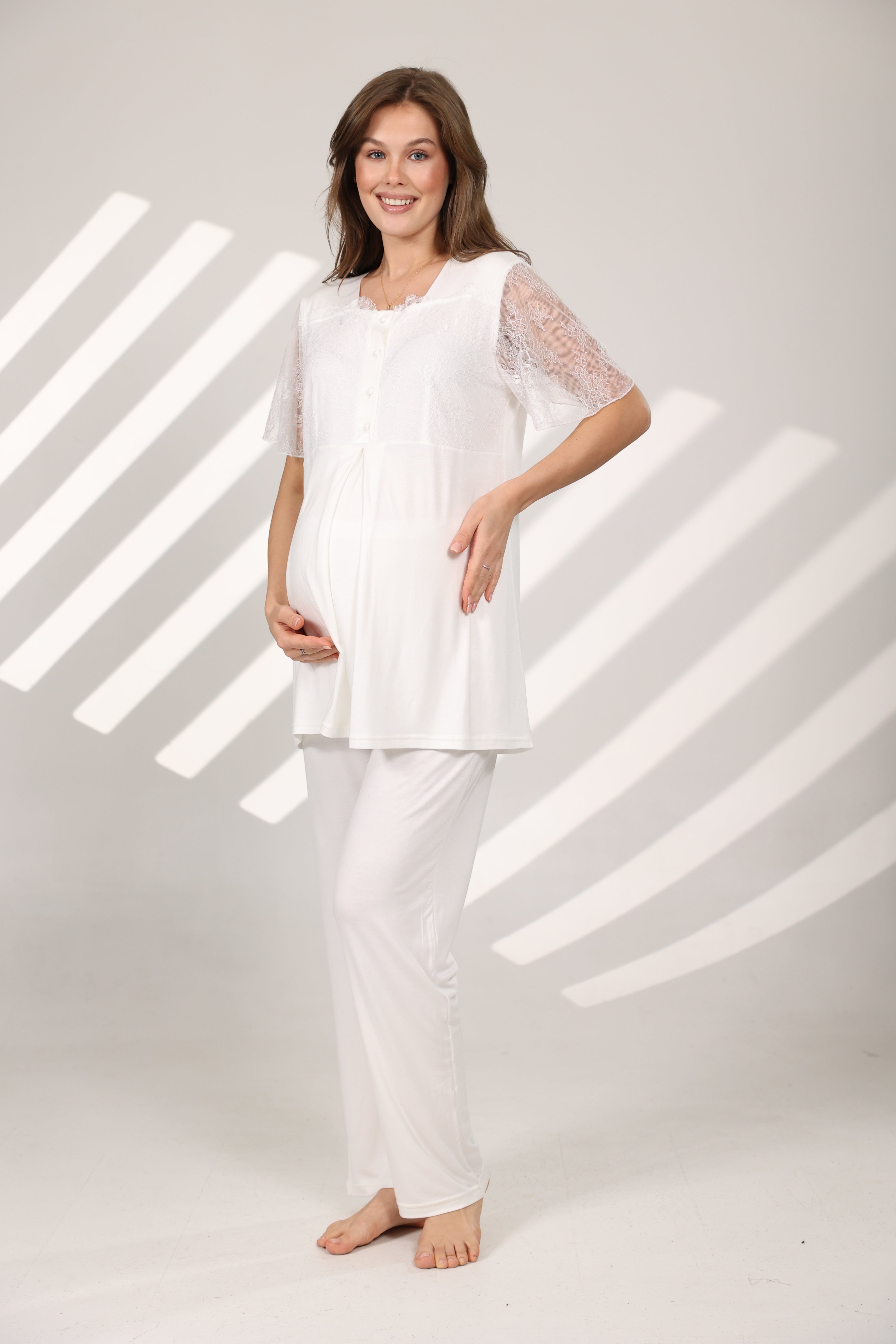 Dantel Detaylı Yakalı Sabahlıklı Lohusa Pijama Takımı 577