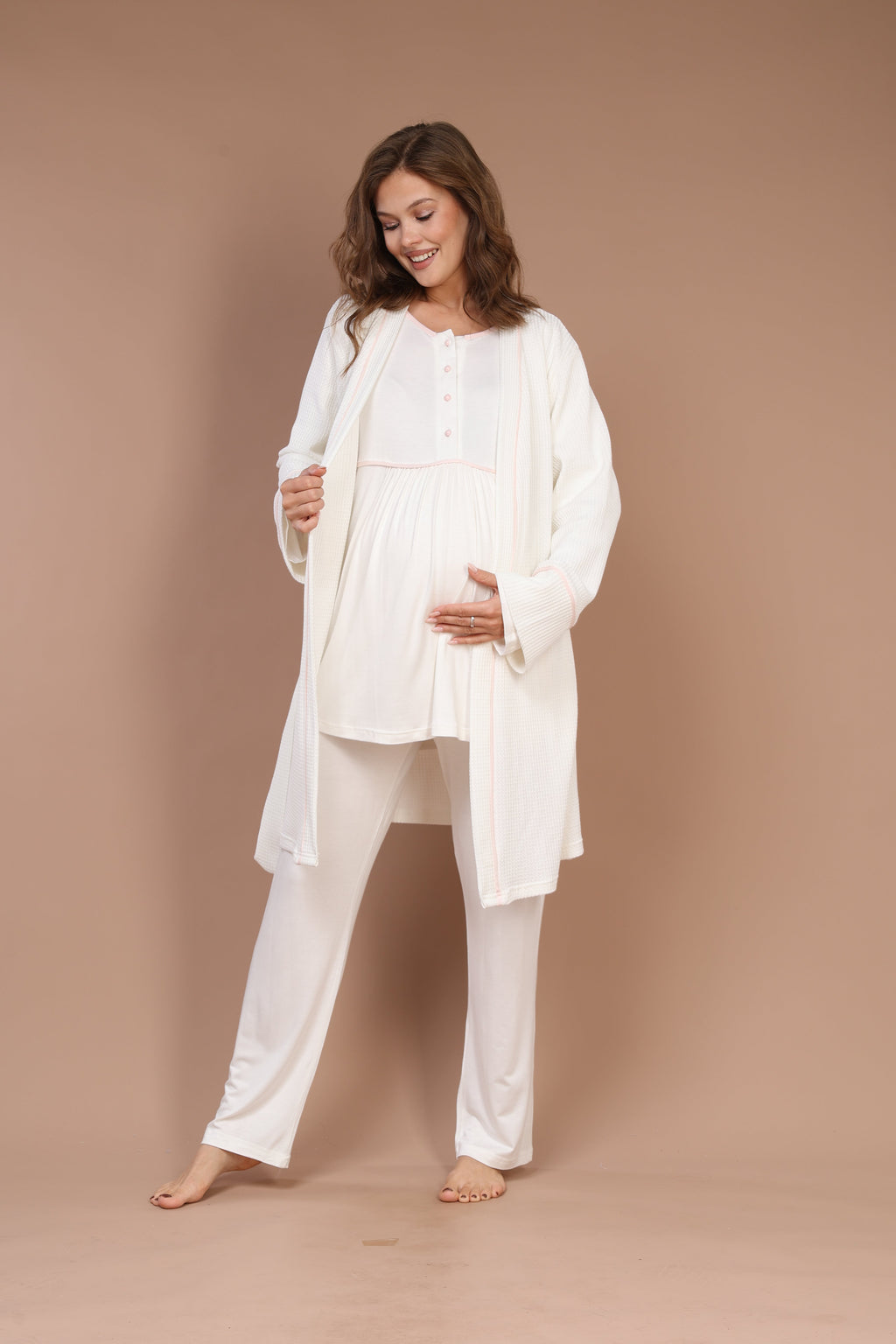 Örgü Sabahlıklı Pembe Biyeli Sabahlıklı Lohusa Pijama Takımı