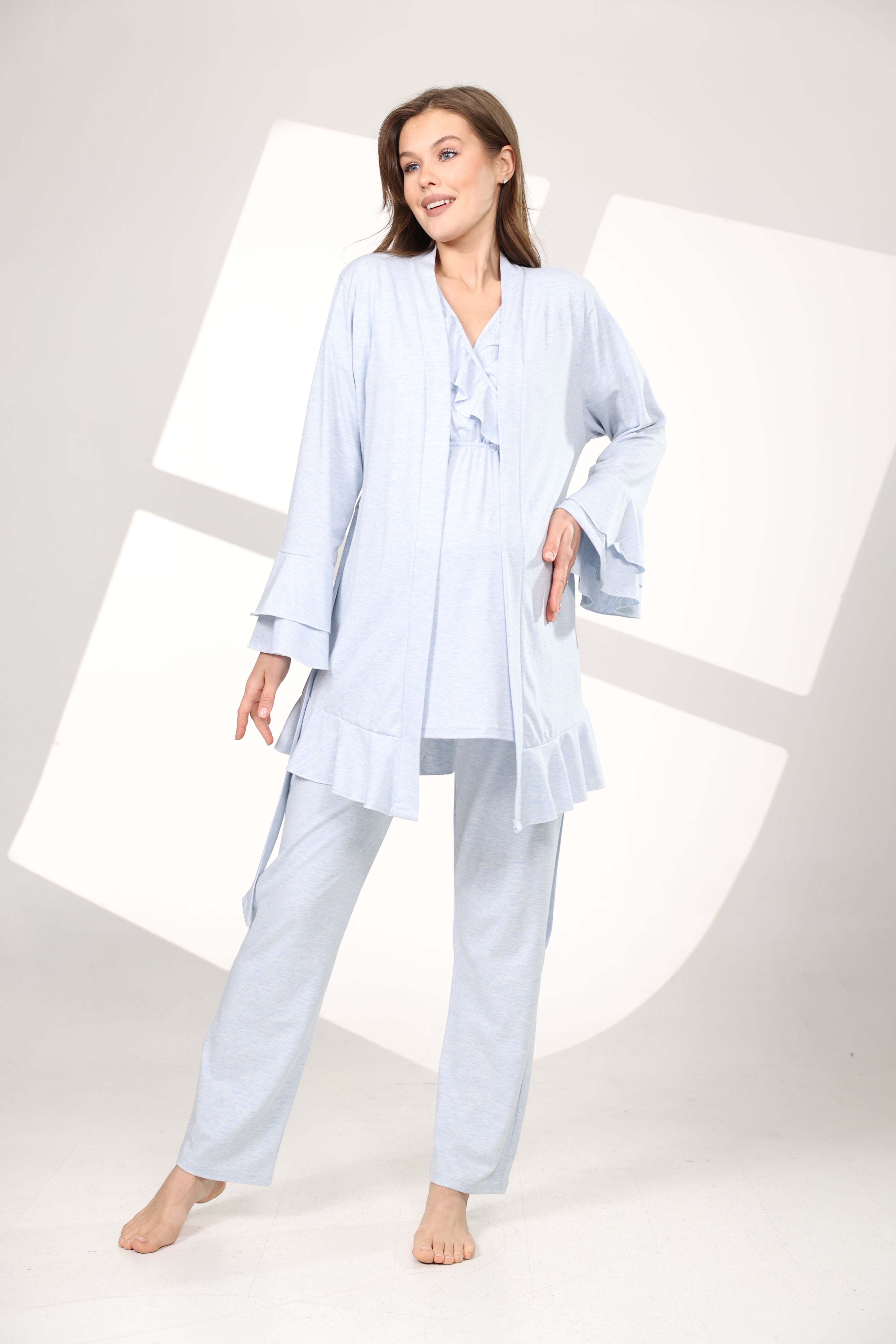 Mavi Melanj Yumuşak Dokulu Sabahlıklı Kruvaze Lohusa Pijama Takımı 585