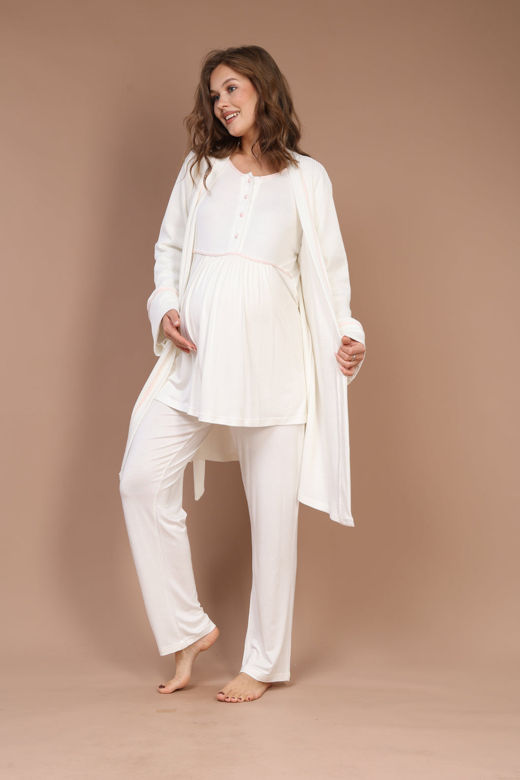 Örgü Sabahlıklı Pembe Biyeli Sabahlıklı Lohusa Pijama Takımı