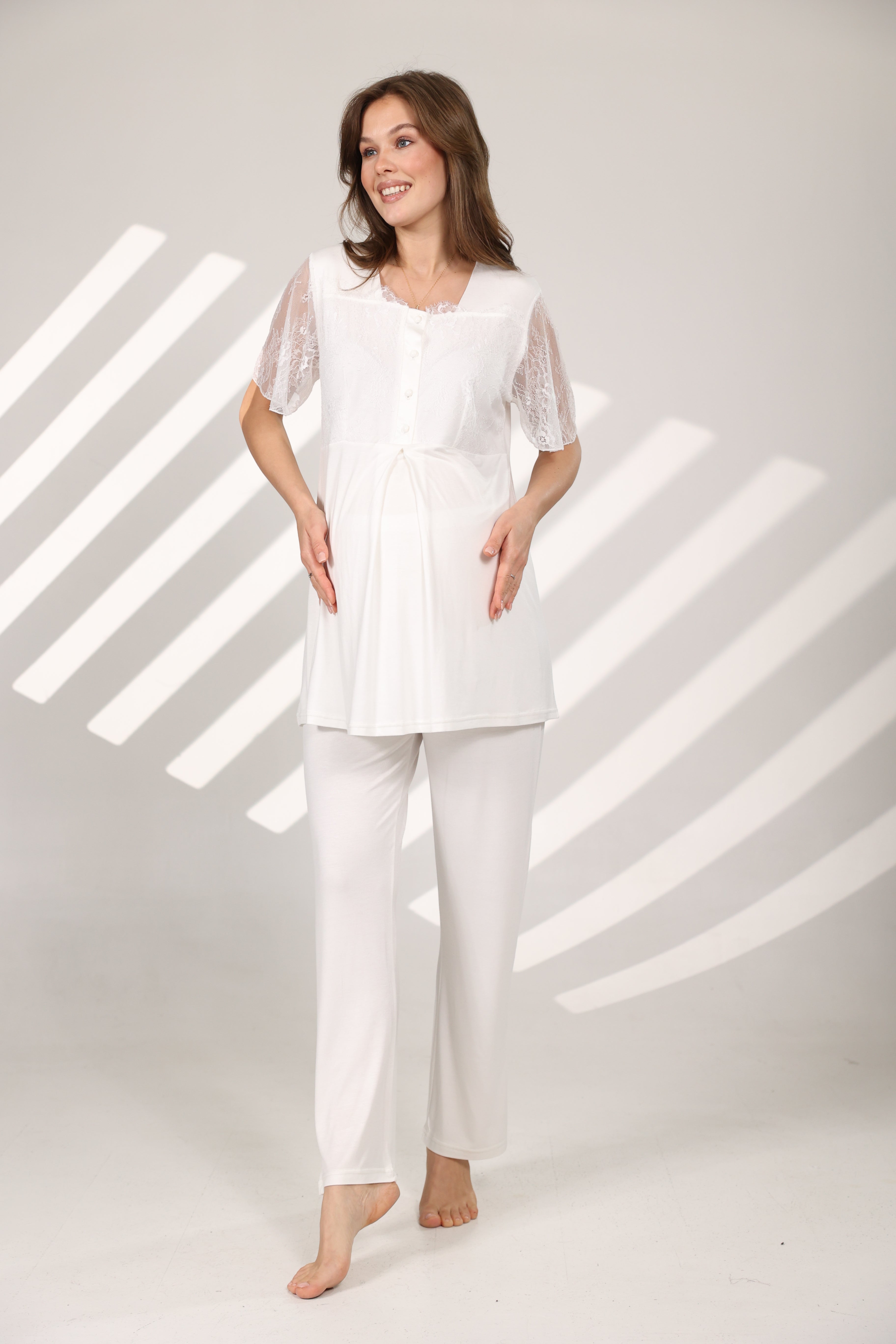 Dantel Detaylı Yakalı Sabahlıklı Lohusa Pijama Takımı 577
