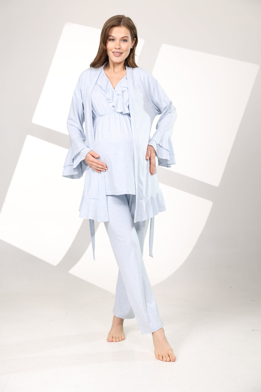 Mavi Melanj Yumuşak Dokulu Sabahlıklı Kruvaze Lohusa Pijama Takımı 585