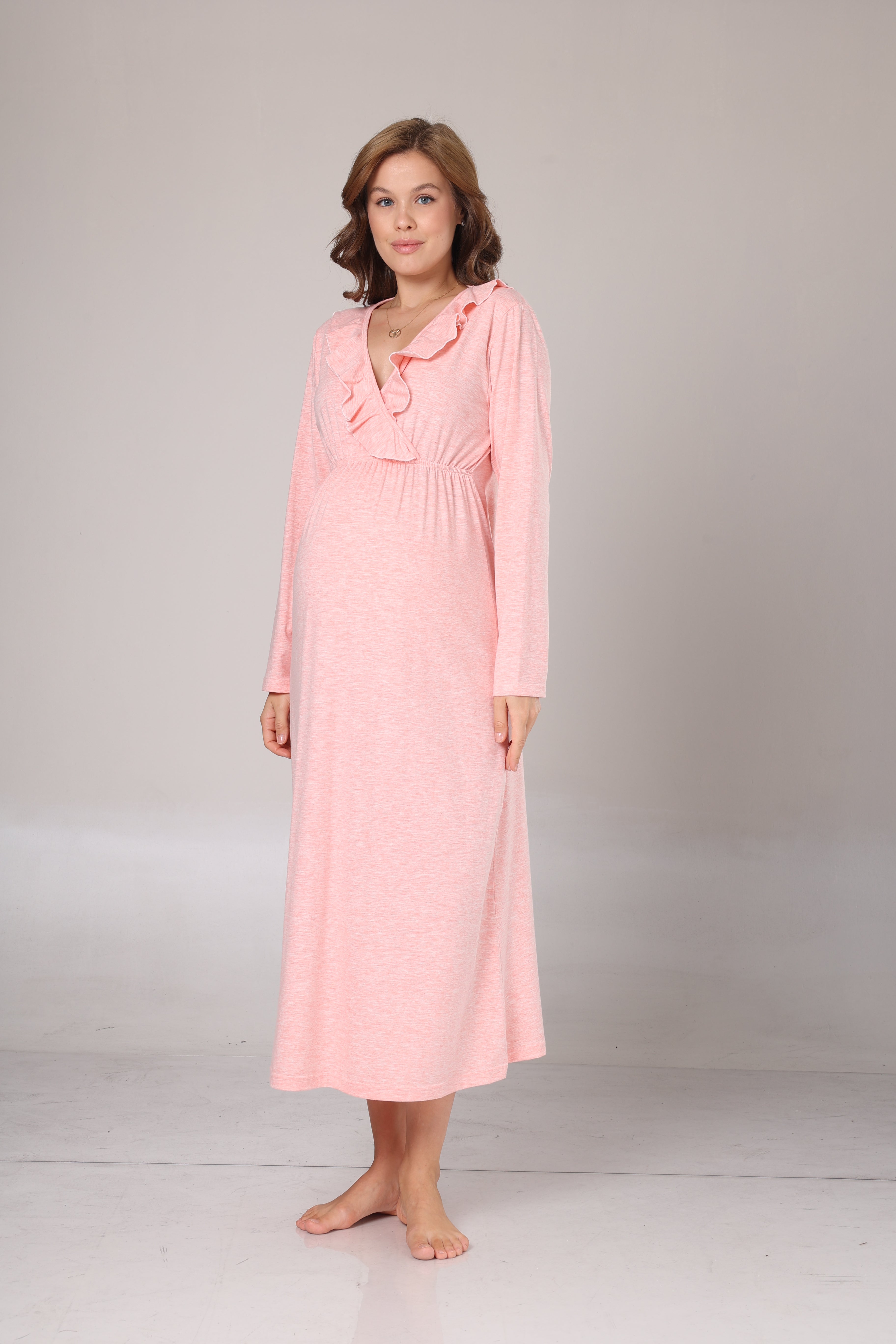 Uzun Kollu Pembe Melanj Yumuşak Dokulu Kruvaze Sabahlıklı Lohusa Gecelik Takımı-1028