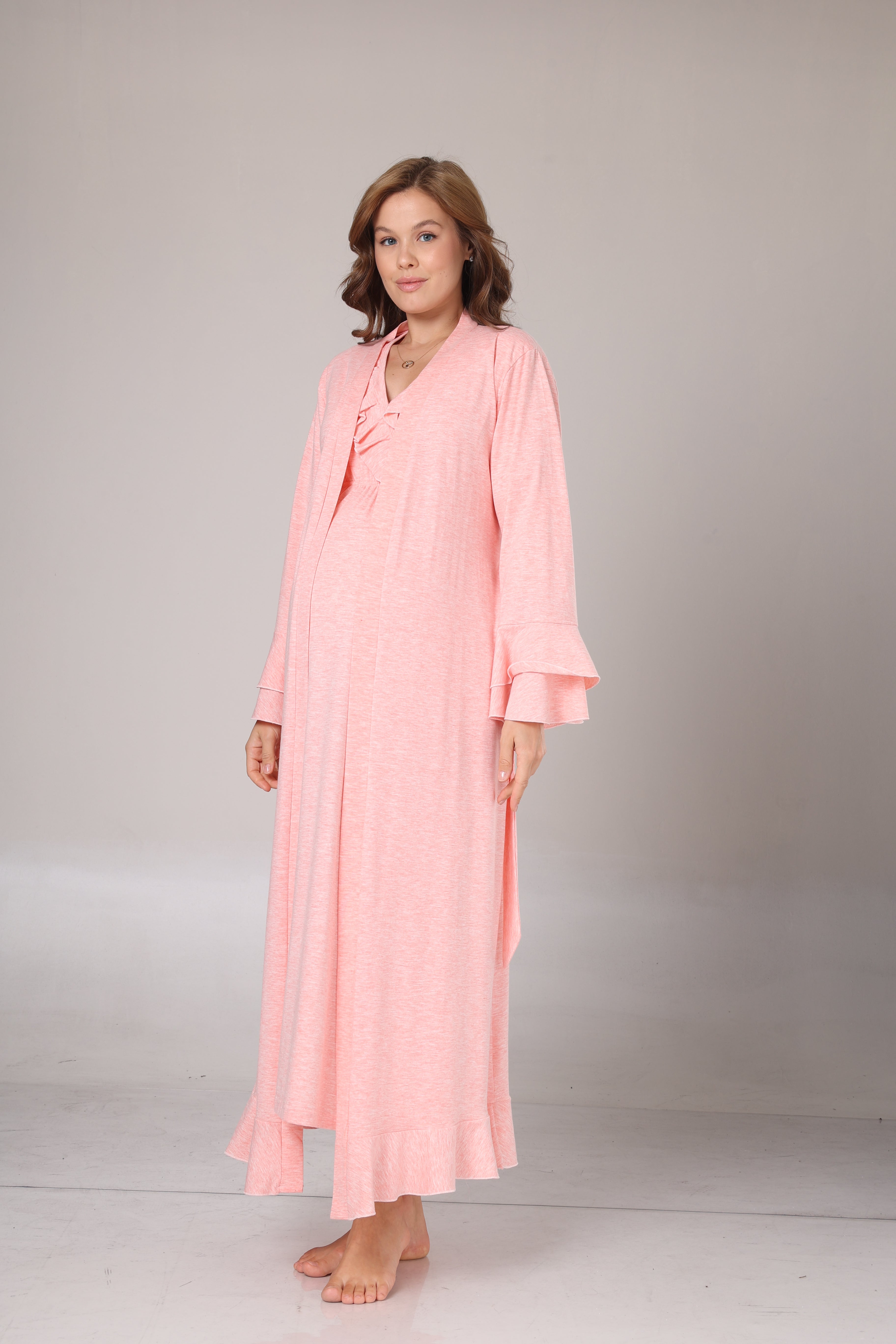 Uzun Kollu Pembe Melanj Yumuşak Dokulu Kruvaze Sabahlıklı Lohusa Gecelik Takımı-1028