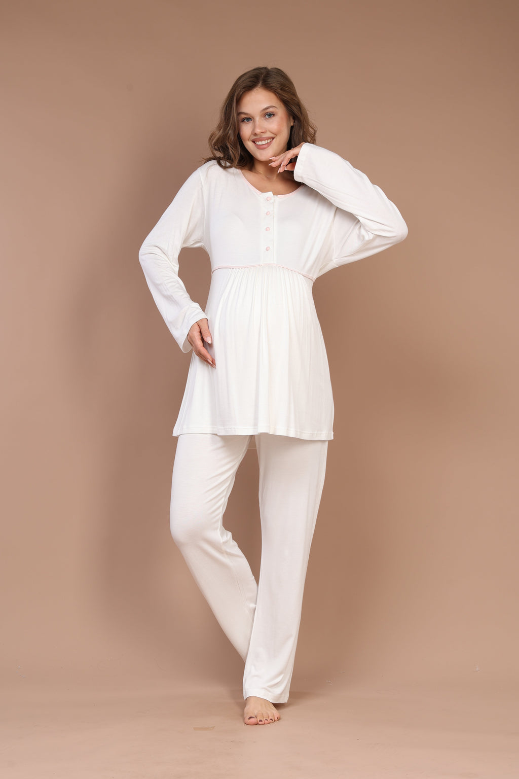 Örgü Sabahlıklı Pembe Biyeli Sabahlıklı Lohusa Pijama Takımı