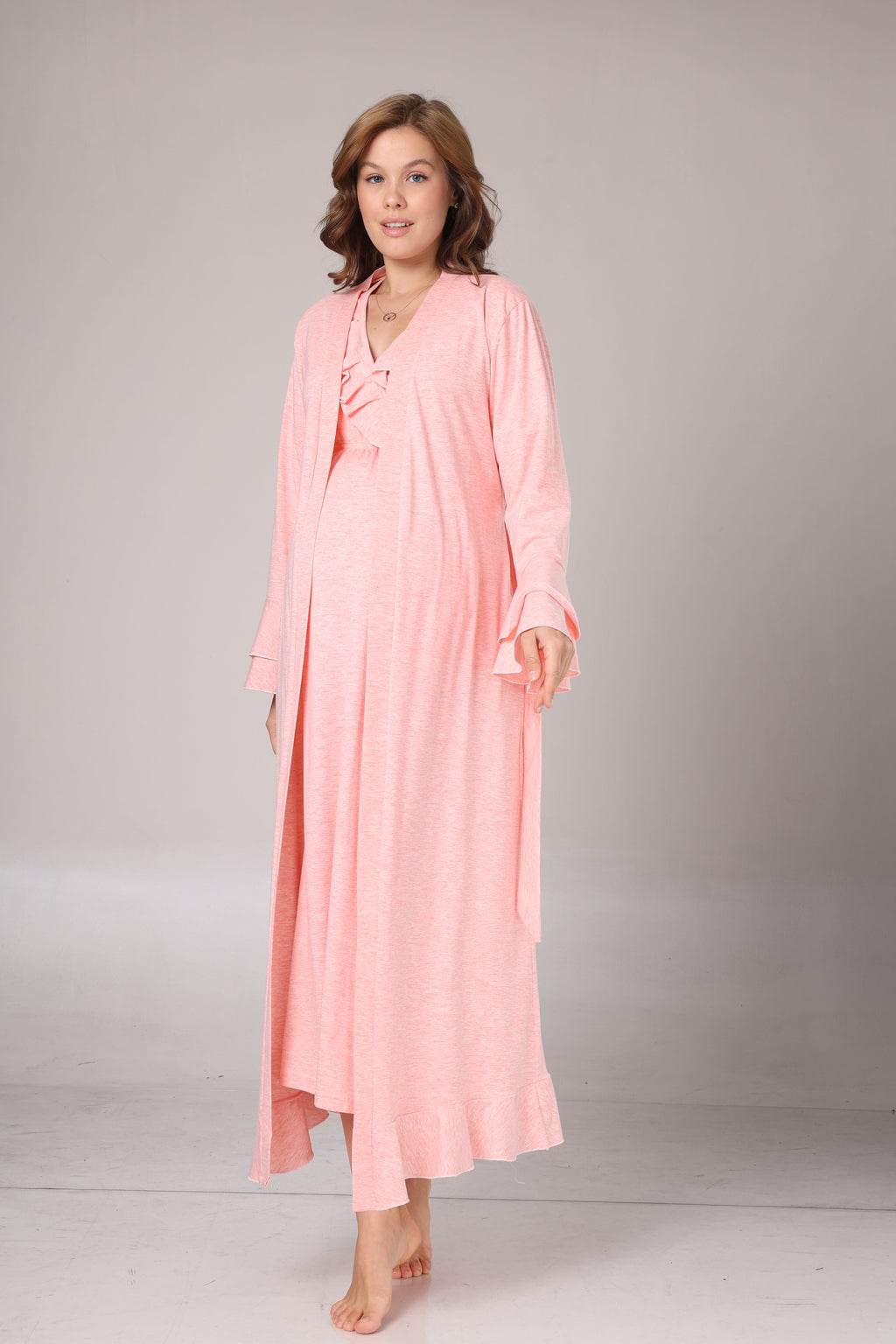 Uzun Kollu Pembe Melanj Yumuşak Dokulu Kruvaze Sabahlıklı Lohusa Gecelik Takımı-1028