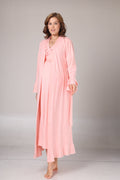 Uzun Kollu Pembe Melanj Yumuşak Dokulu Kruvaze Sabahlıklı Lohusa Gecelik Takımı-1028