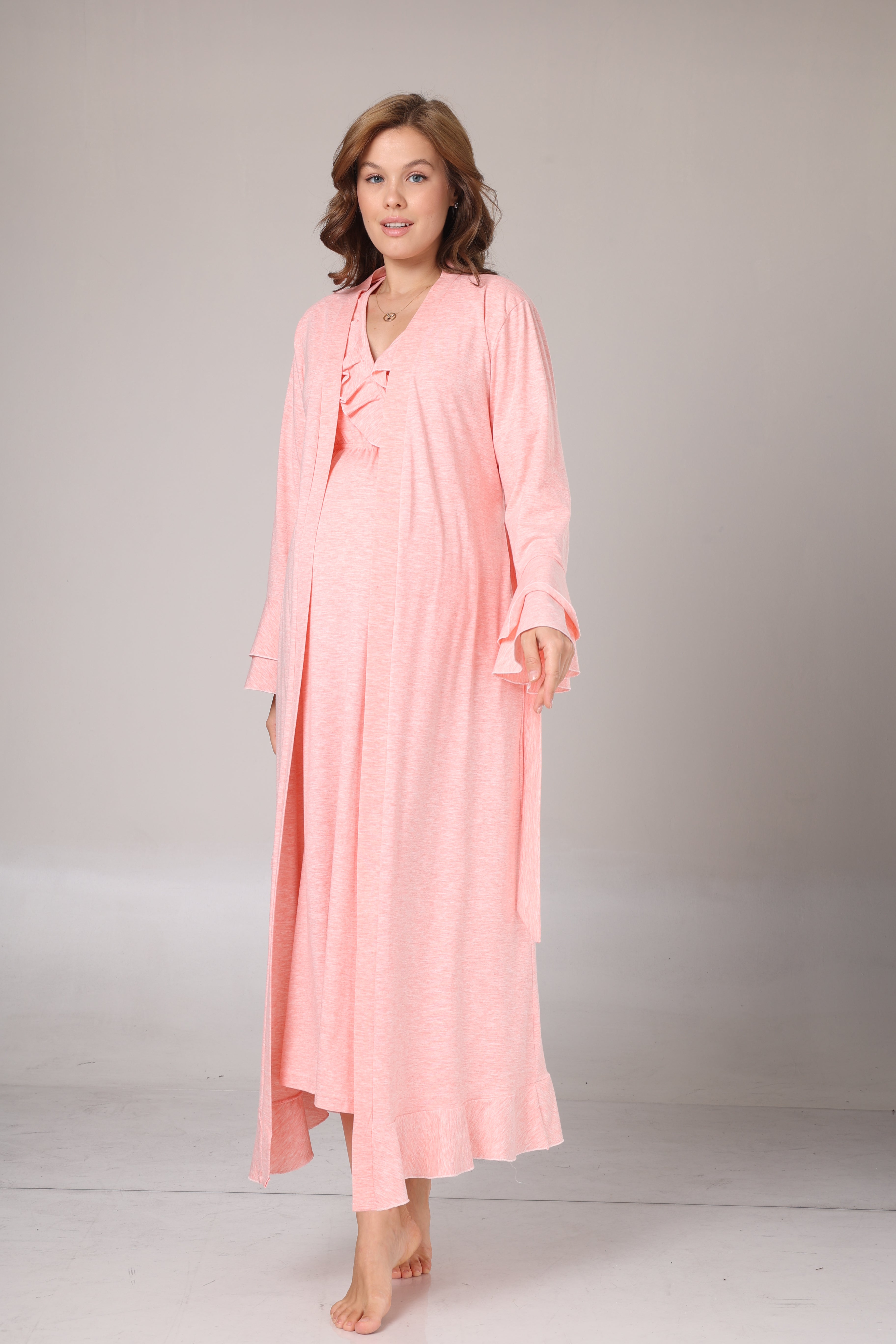 Uzun Kollu Pembe Melanj Yumuşak Dokulu Kruvaze Sabahlıklı Lohusa Gecelik Takımı-1028