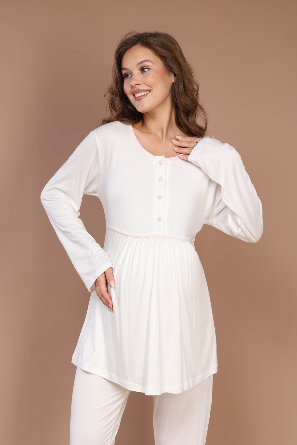 Örgü Sabahlıklı Pembe Biyeli Sabahlıklı Lohusa Pijama Takımı