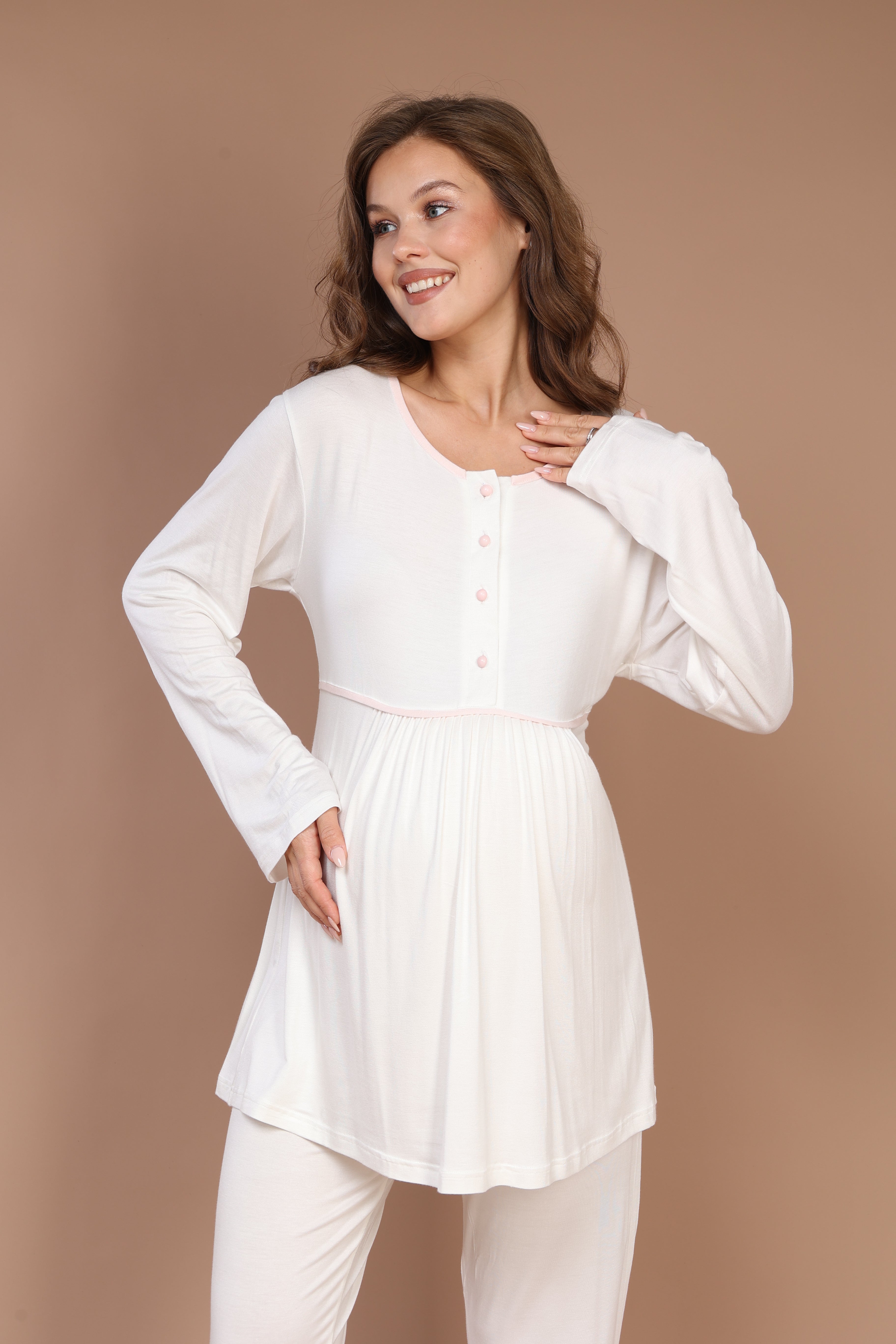 Örgü Sabahlıklı Pembe Biyeli Sabahlıklı Lohusa Pijama Takımı