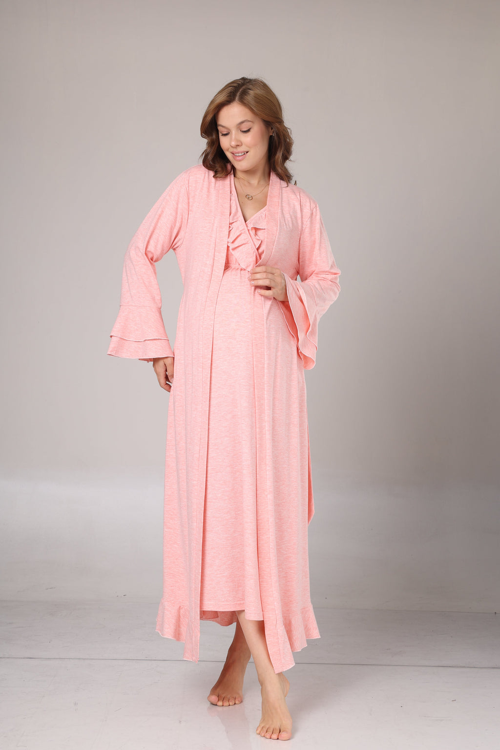 Uzun Kollu Pembe Melanj Yumuşak Dokulu Kruvaze Sabahlıklı Lohusa Gecelik Takımı-1028