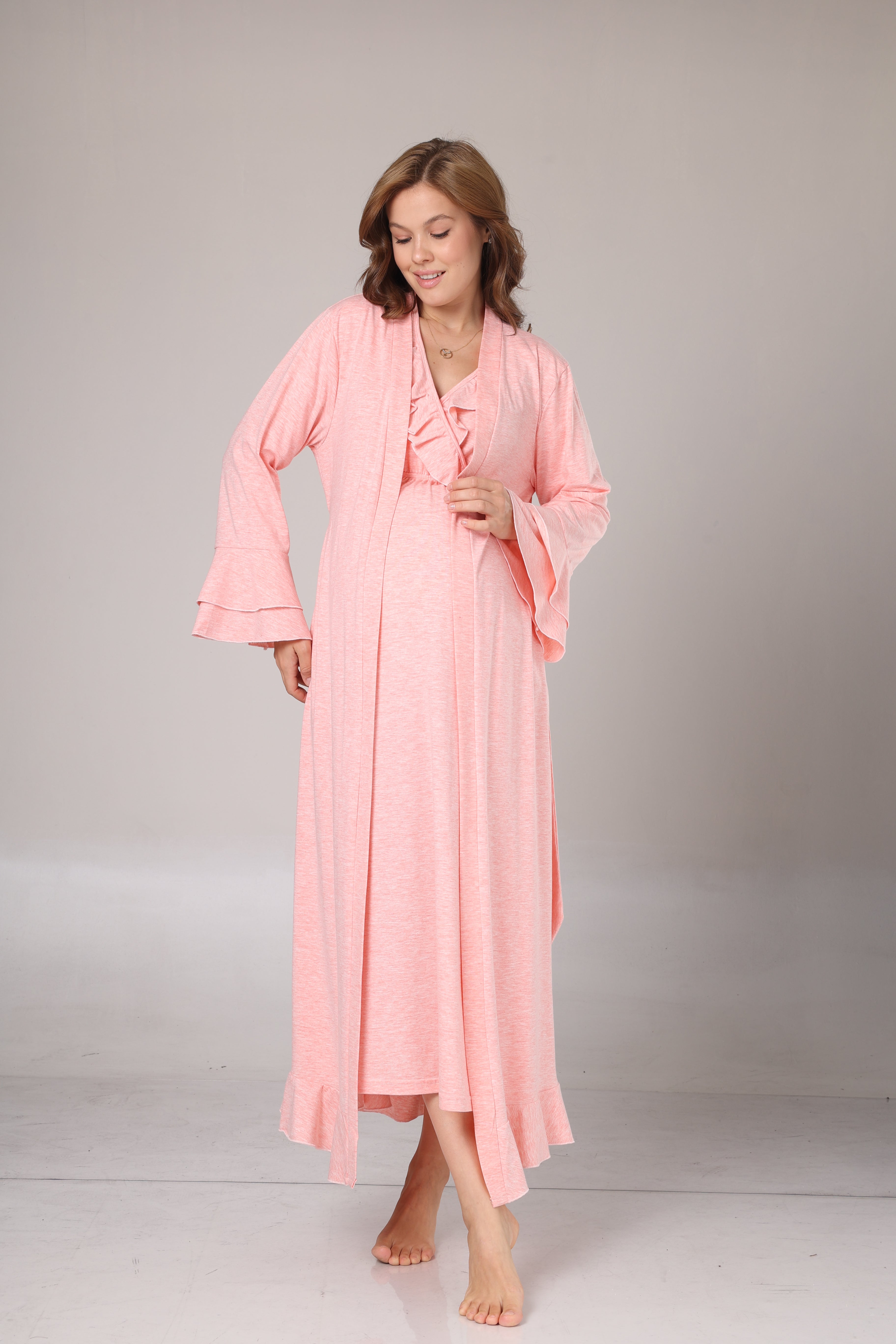 Uzun Kollu Pembe Melanj Yumuşak Dokulu Kruvaze Sabahlıklı Lohusa Gecelik Takımı-1028