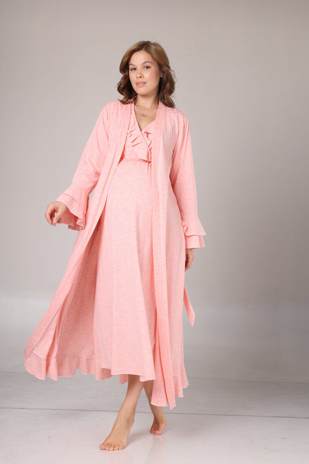 Uzun Kollu Pembe Melanj Yumuşak Dokulu Kruvaze Sabahlıklı Lohusa Gecelik Takımı-1028