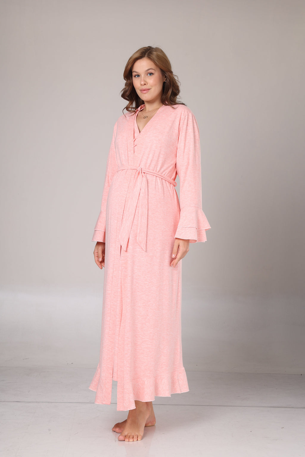 Uzun Kollu Pembe Melanj Yumuşak Dokulu Kruvaze Sabahlıklı Lohusa Gecelik Takımı-1028
