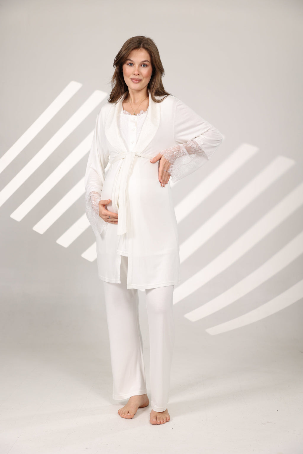 Dantel Detaylı Yakalı Sabahlıklı Lohusa Pijama Takımı 577