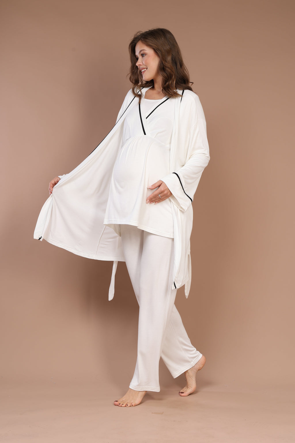 Ekru Uzun Kollu Biyeli Sabahlıklı Lohusa Pijama Takımı-545