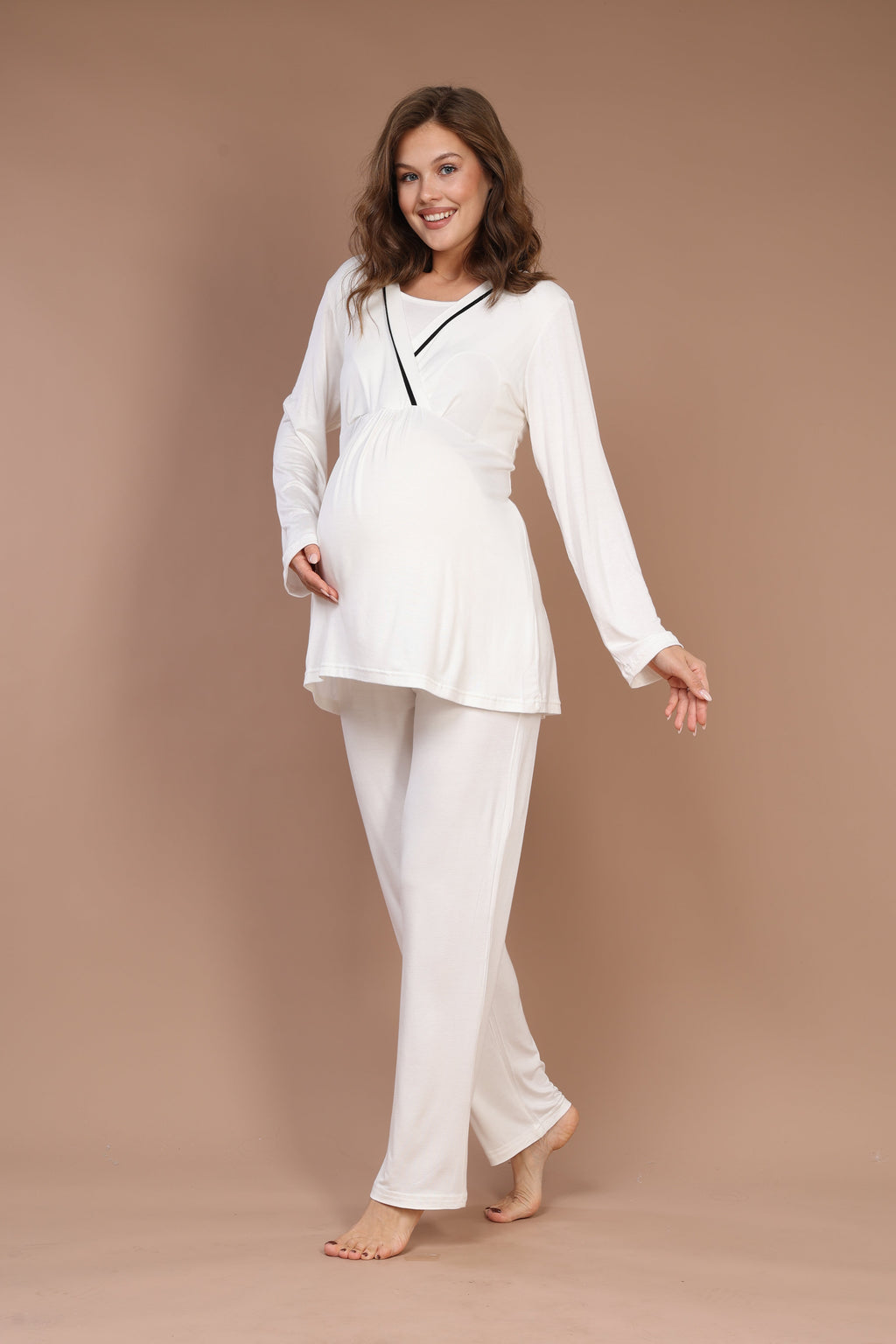 Ekru Uzun Kollu Biyeli Sabahlıklı Lohusa Pijama Takımı-545