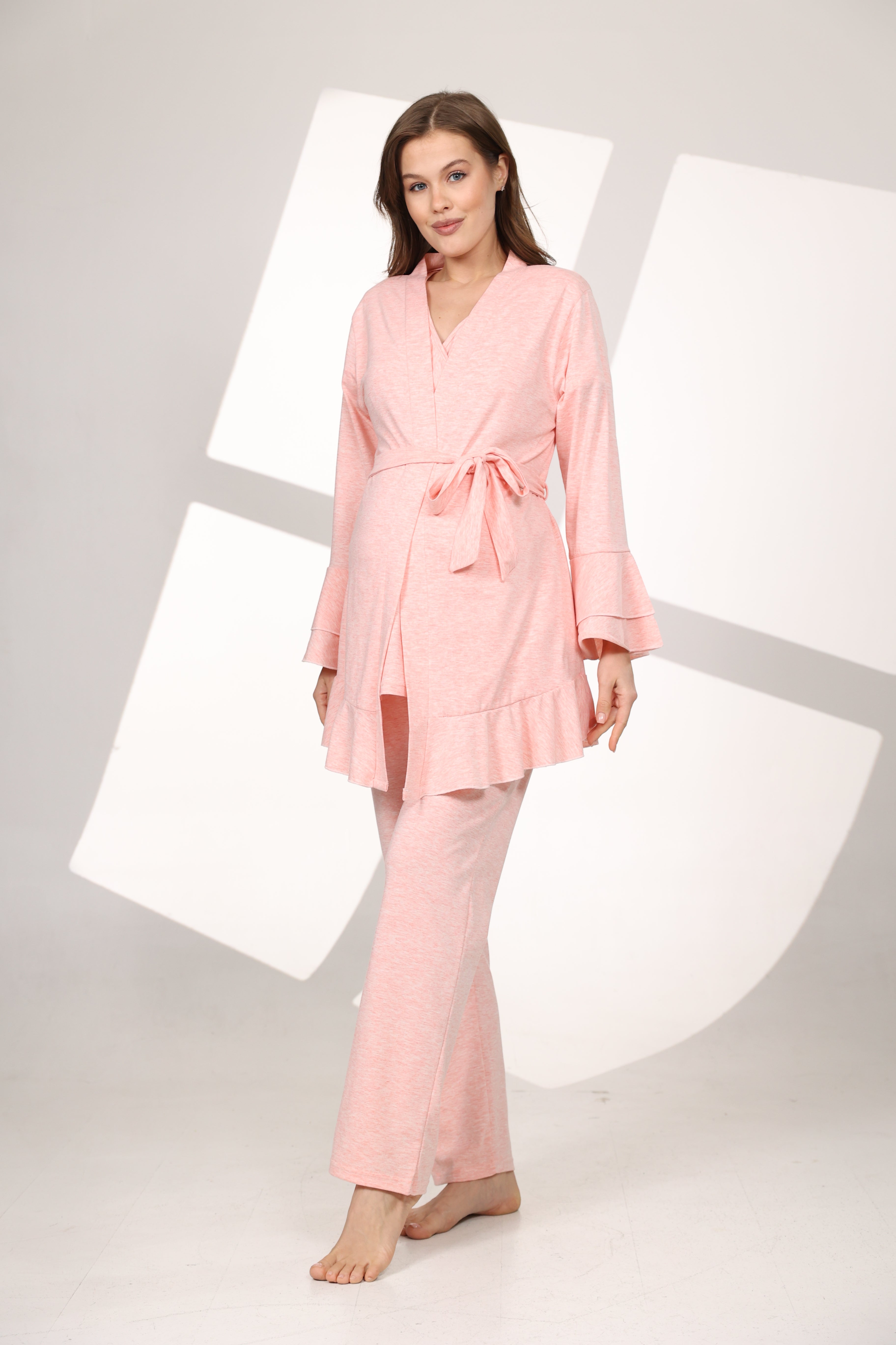 Pembe Melanj Yumuşak Dokulu Sabahlıklı Kruvaze Lohusa Pijama Takımı 586
