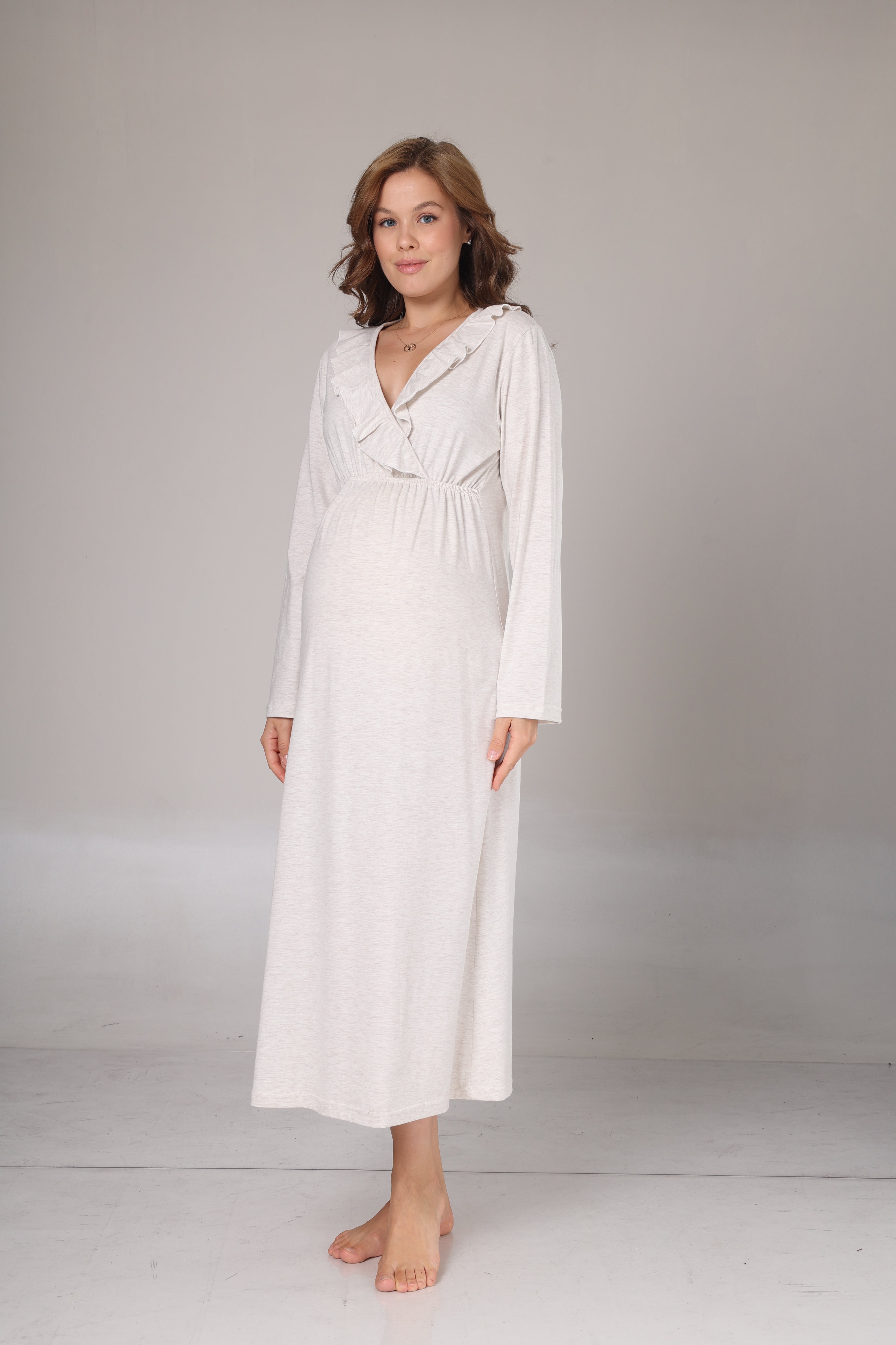 Uzun Kollu Bej Melanj Yumuşak Dokulu Kruvaze Sabahlıklı Lohusa Gecelik Takımı-1026