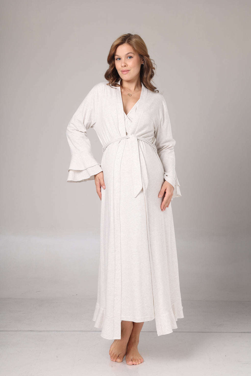 Uzun Kollu Bej Melanj Yumuşak Dokulu Kruvaze Sabahlıklı Lohusa Gecelik Takımı-1026