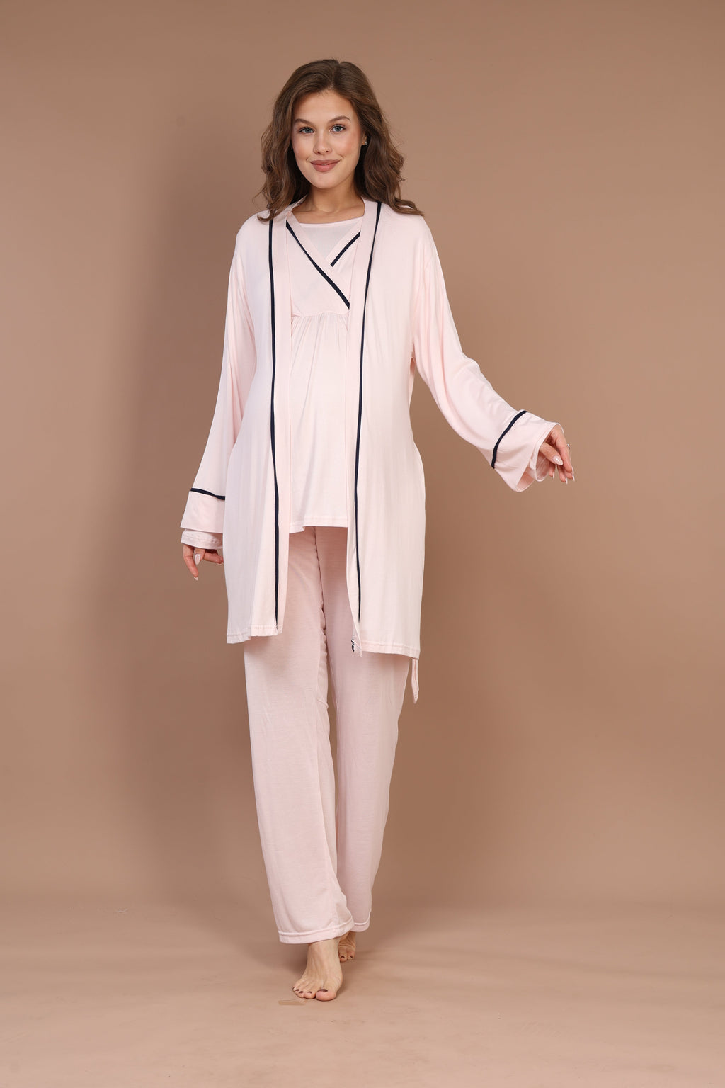 Pembe Biyeli Uzun Kollu Sabahlıklı Gizli Emzirme Özellikli Lohusa Pijama Takımı