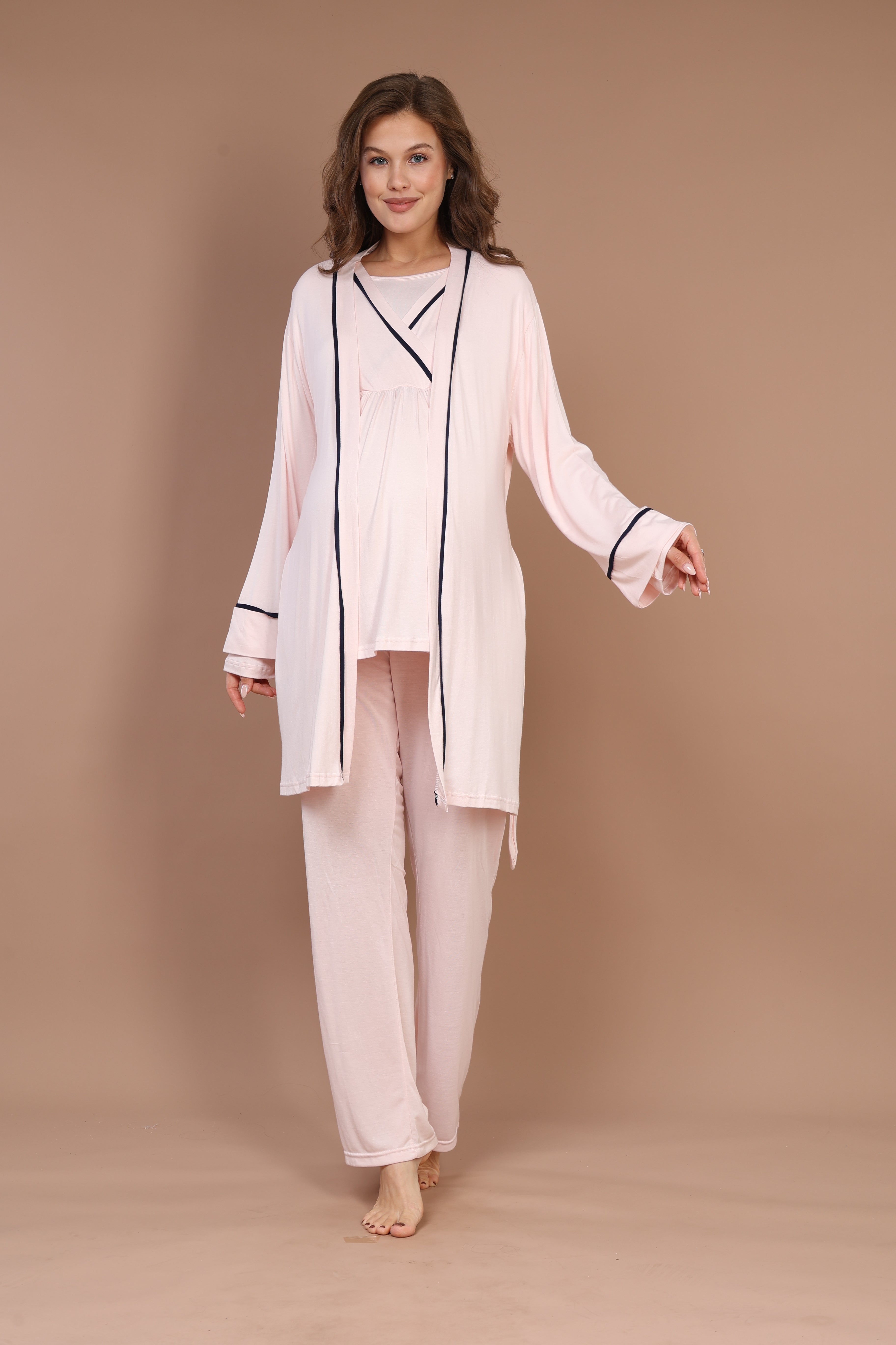 Pembe Biyeli Uzun Kollu Sabahlıklı Gizli Emzirme Özellikli Lohusa Pijama Takımı