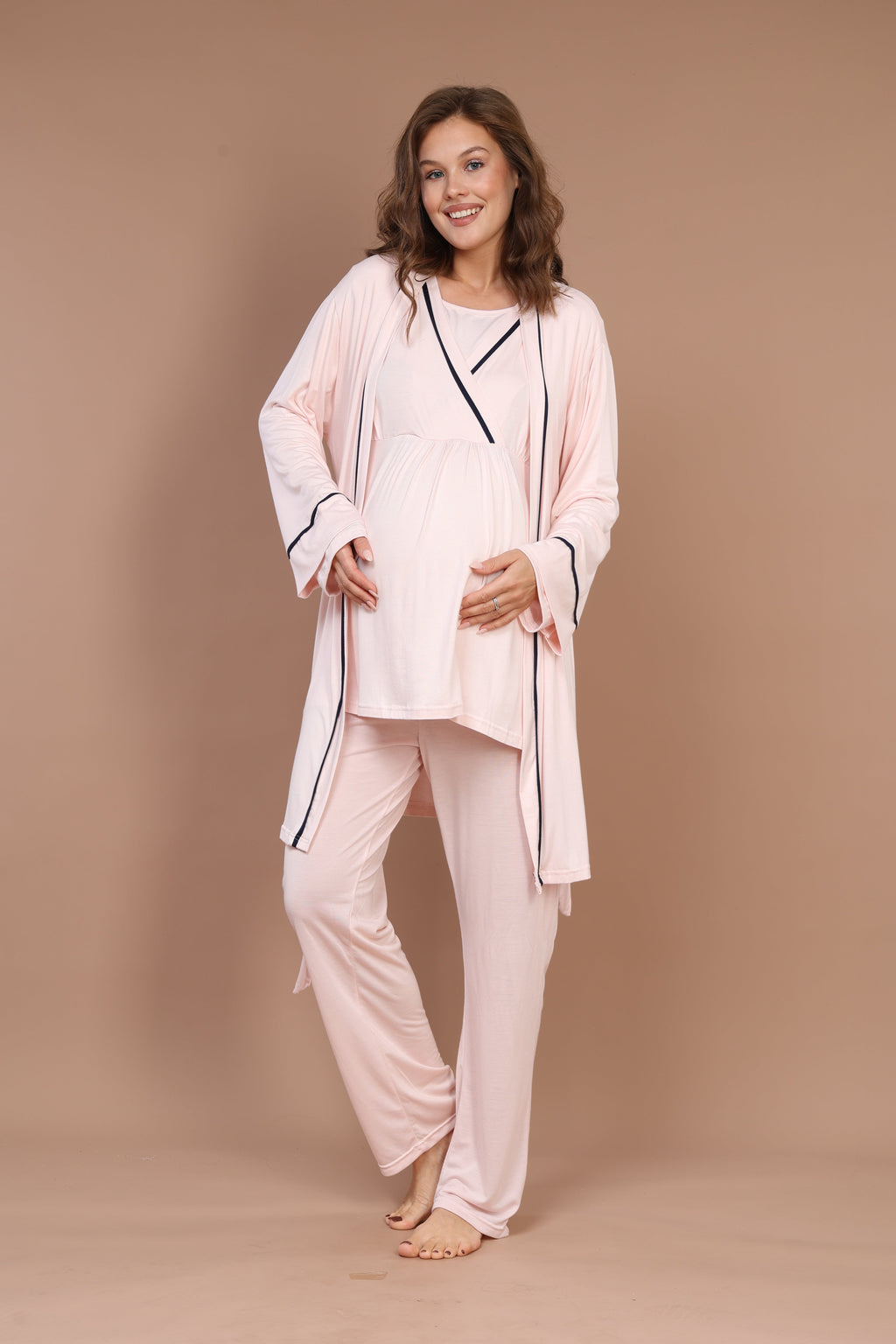 Pembe Biyeli Uzun Kollu Sabahlıklı Gizli Emzirme Özellikli Lohusa Pijama Takımı