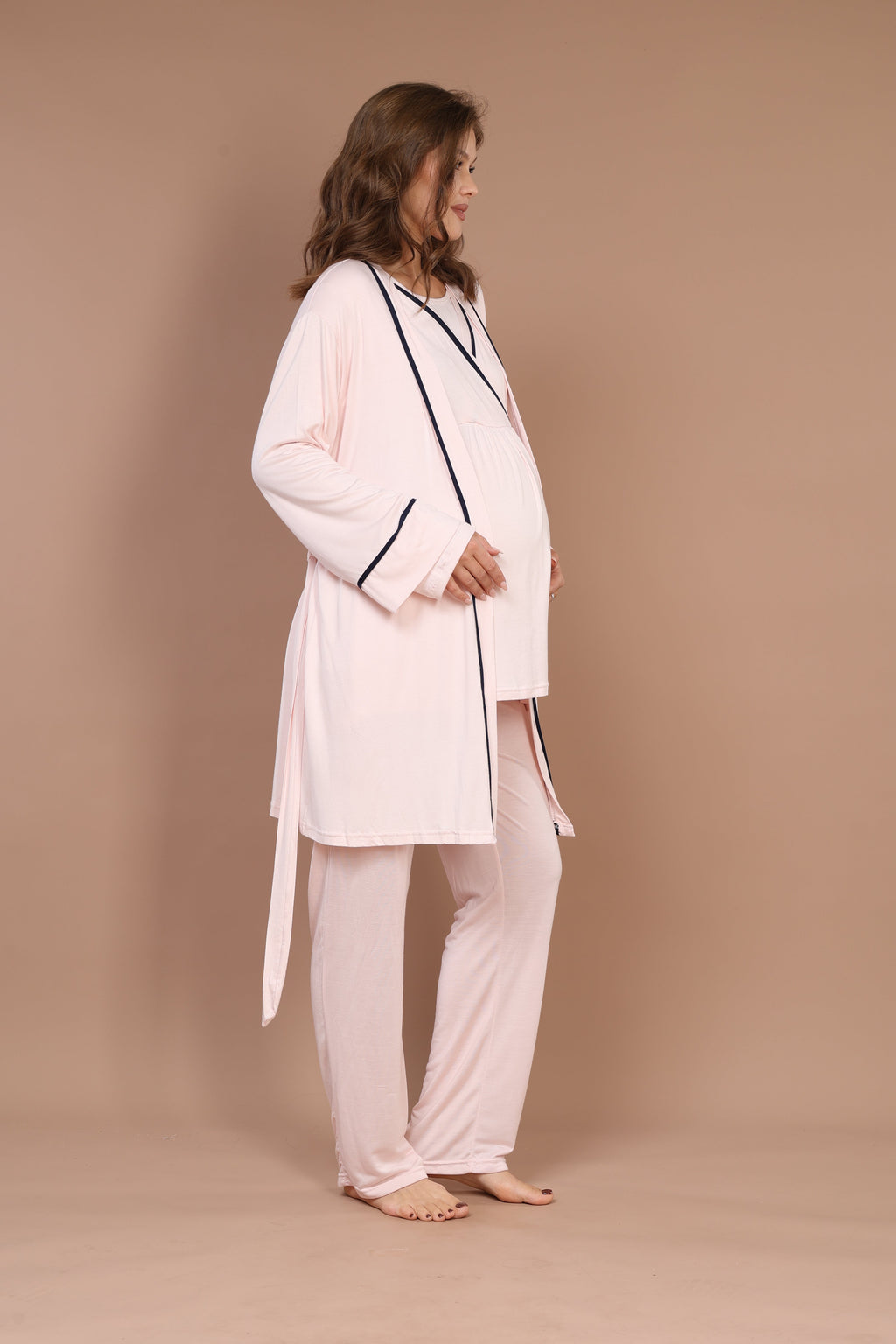 Pembe Biyeli Uzun Kollu Sabahlıklı Gizli Emzirme Özellikli Lohusa Pijama Takımı