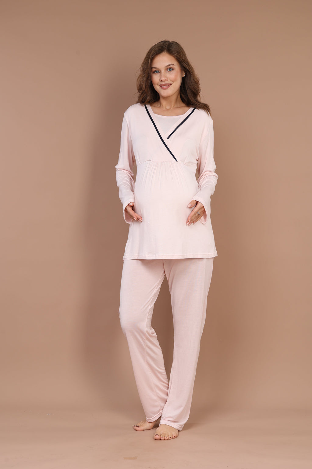 Pembe Biyeli Uzun Kollu Sabahlıklı Gizli Emzirme Özellikli Lohusa Pijama Takımı