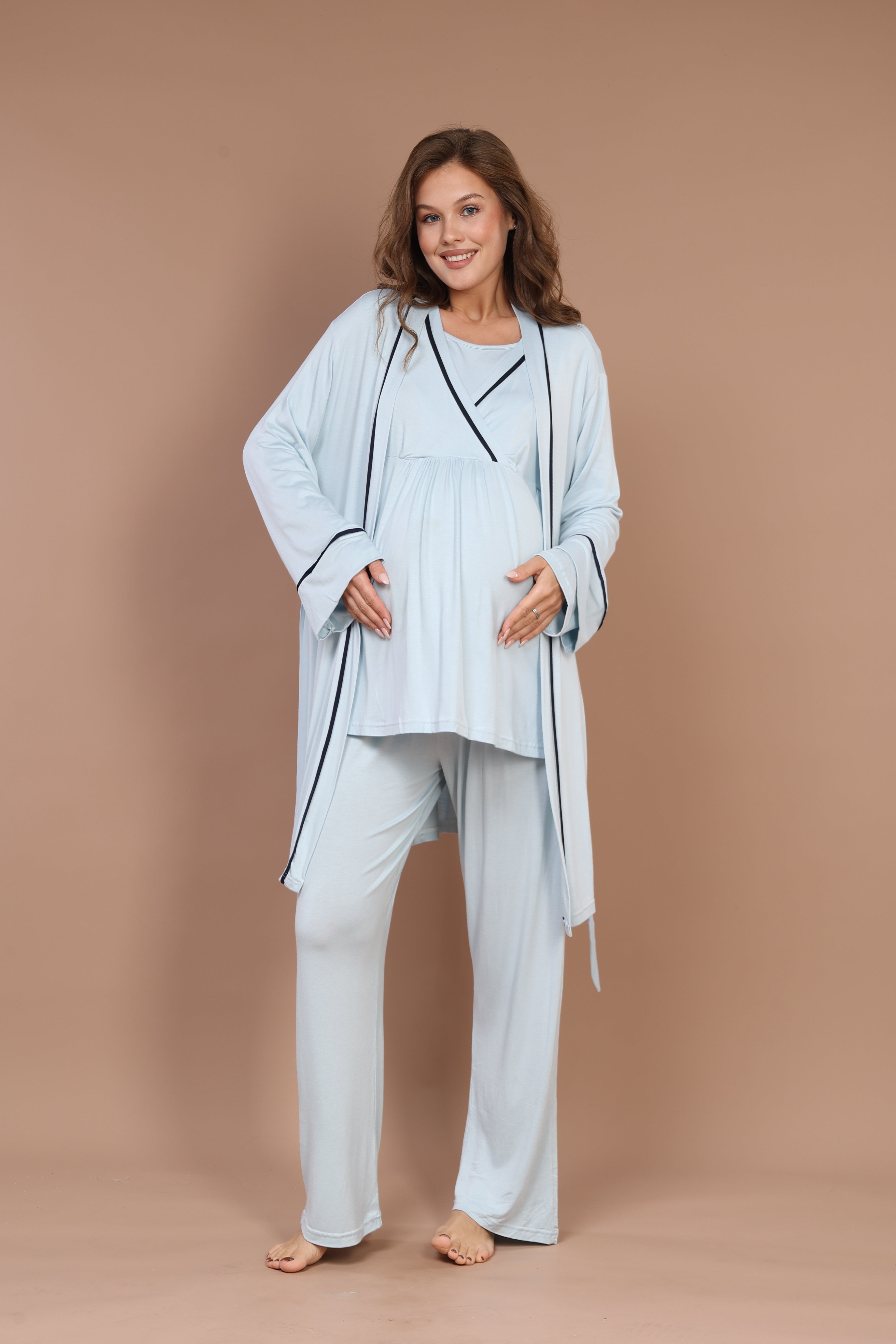 Mavi Biyeli Uzun Kollu Sabahlıklı Gizli Emzirme Özellikli  Lohusa Pijama Takımı