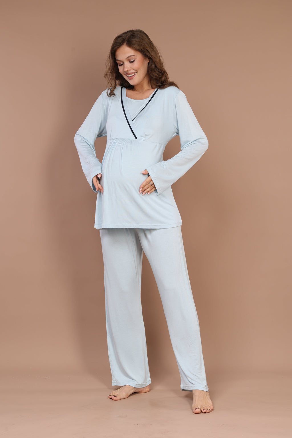 Mavi Biyeli Uzun Kollu Sabahlıklı Gizli Emzirme Özellikli  Lohusa Pijama Takımı