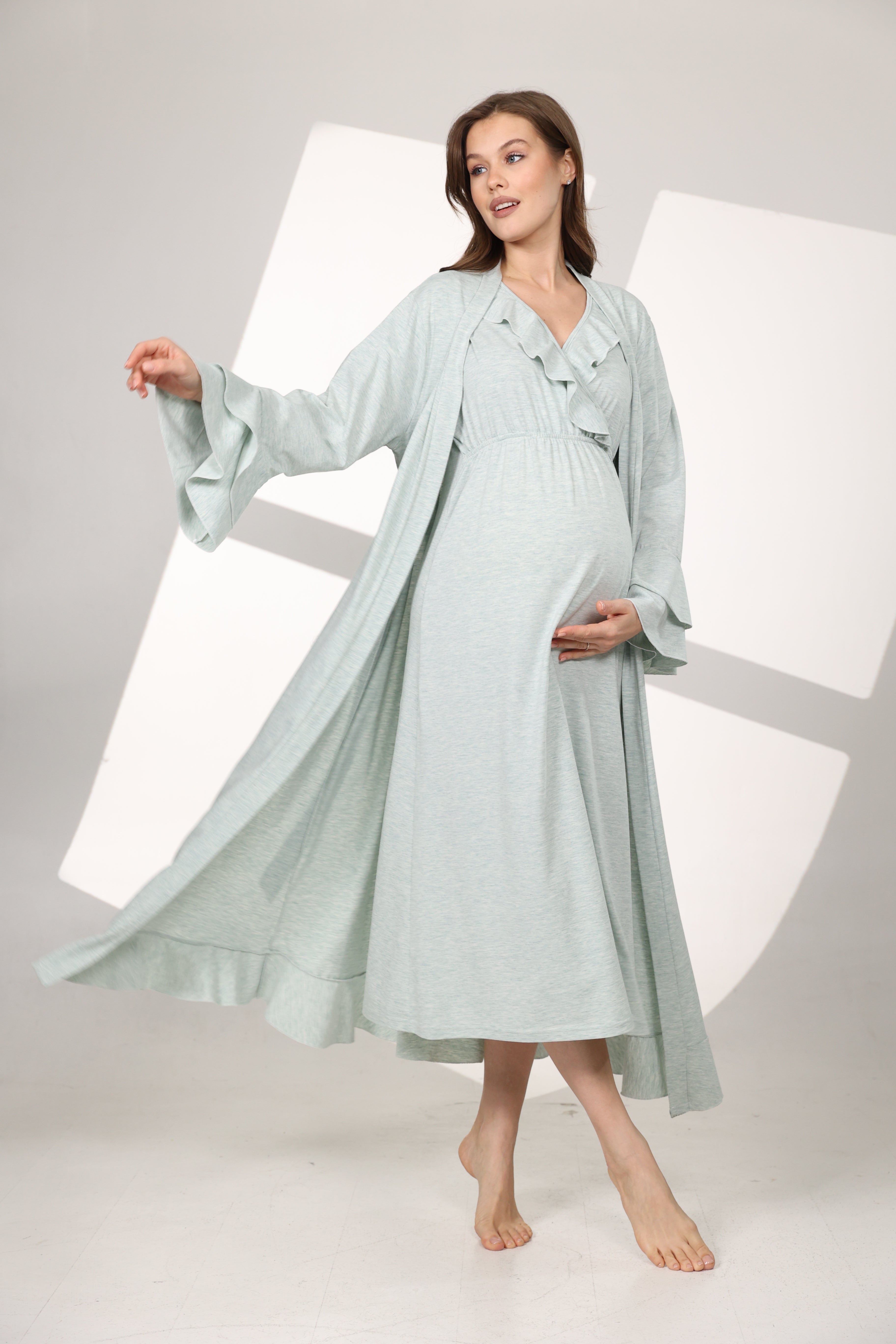 Su Yeşili Yumuşak Dokulu Kruvaze Sabahlıklı Lohusa Gecelik Takımı 590