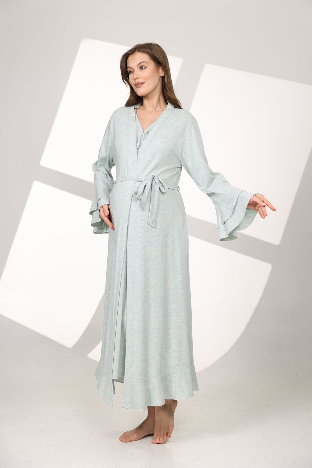 Su Yeşili Yumuşak Dokulu Kruvaze Sabahlıklı Lohusa Gecelik Takımı 590