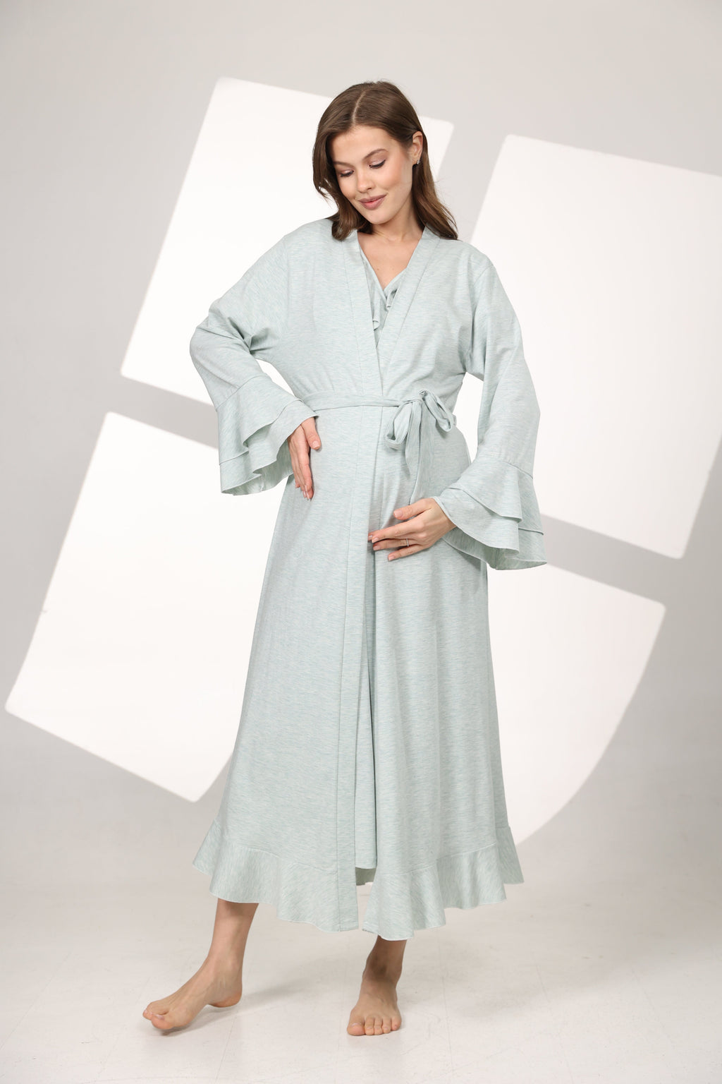 Su Yeşili Yumuşak Dokulu Kruvaze Sabahlıklı Lohusa Gecelik Takımı 590